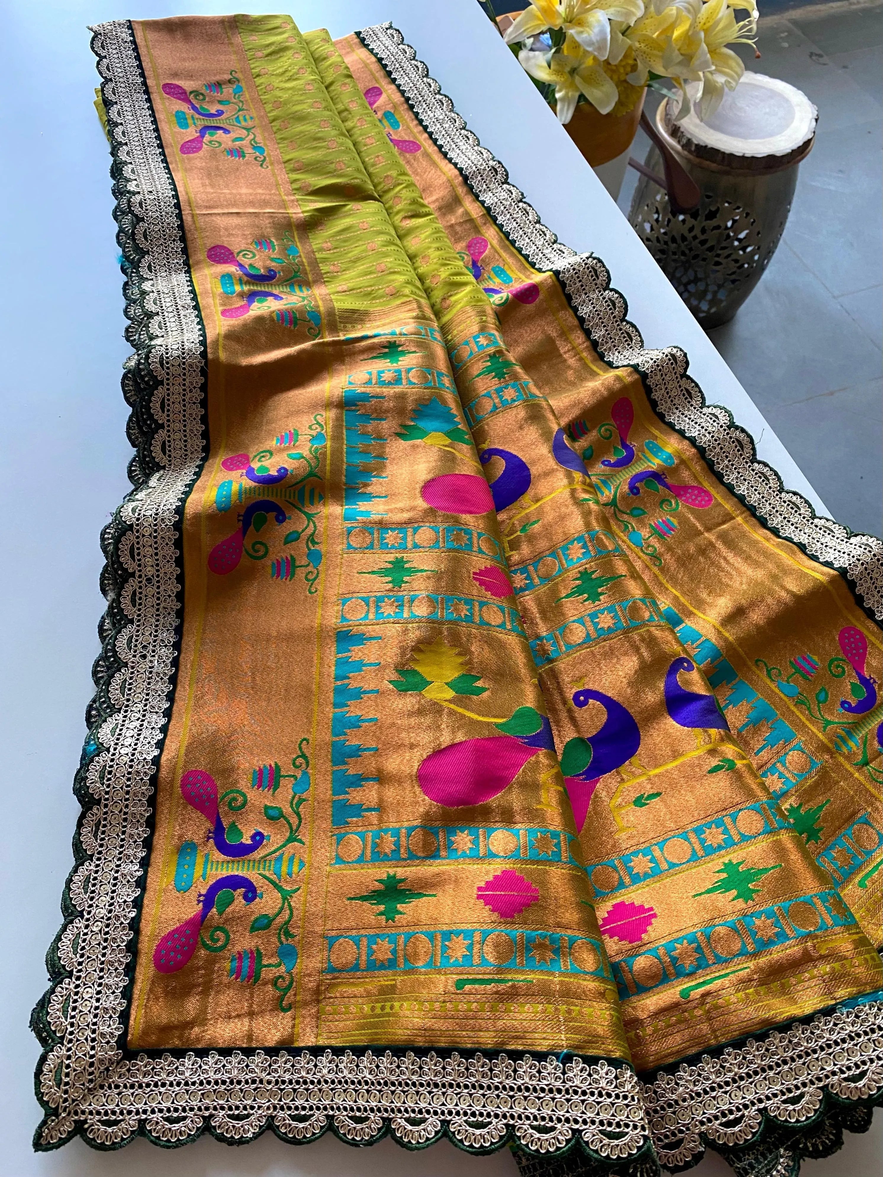 Pure Soft Zari Woven Paithani Silk Polka Based Scalloped Embroidered Sequins Lace Saree (Product Code: AS-776)