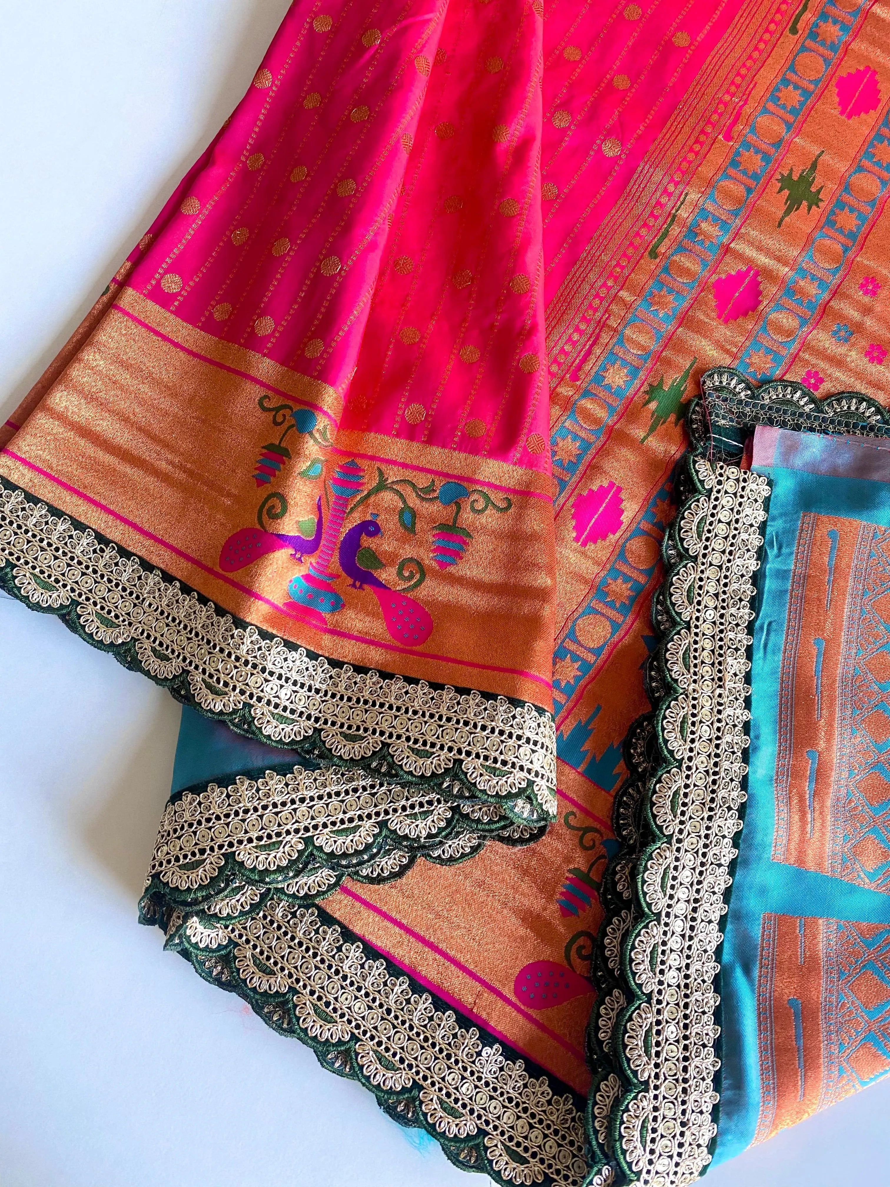 Pure Soft Zari Woven Paithani Silk Polka Based Scalloped Embroidered Sequins Lace Saree (Product Code: AS-776)