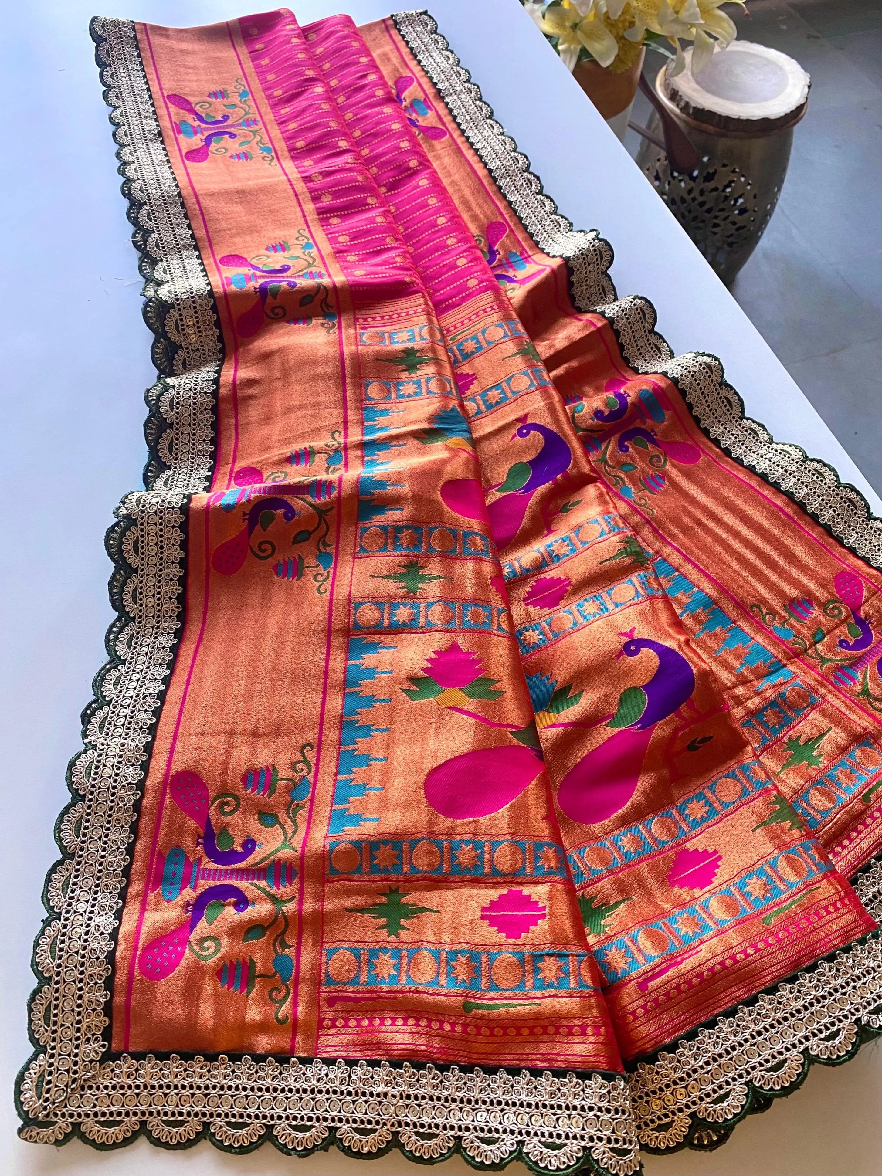 Pure Soft Zari Woven Paithani Silk Polka Based Scalloped Embroidered Sequins Lace Saree (Product Code: AS-776)