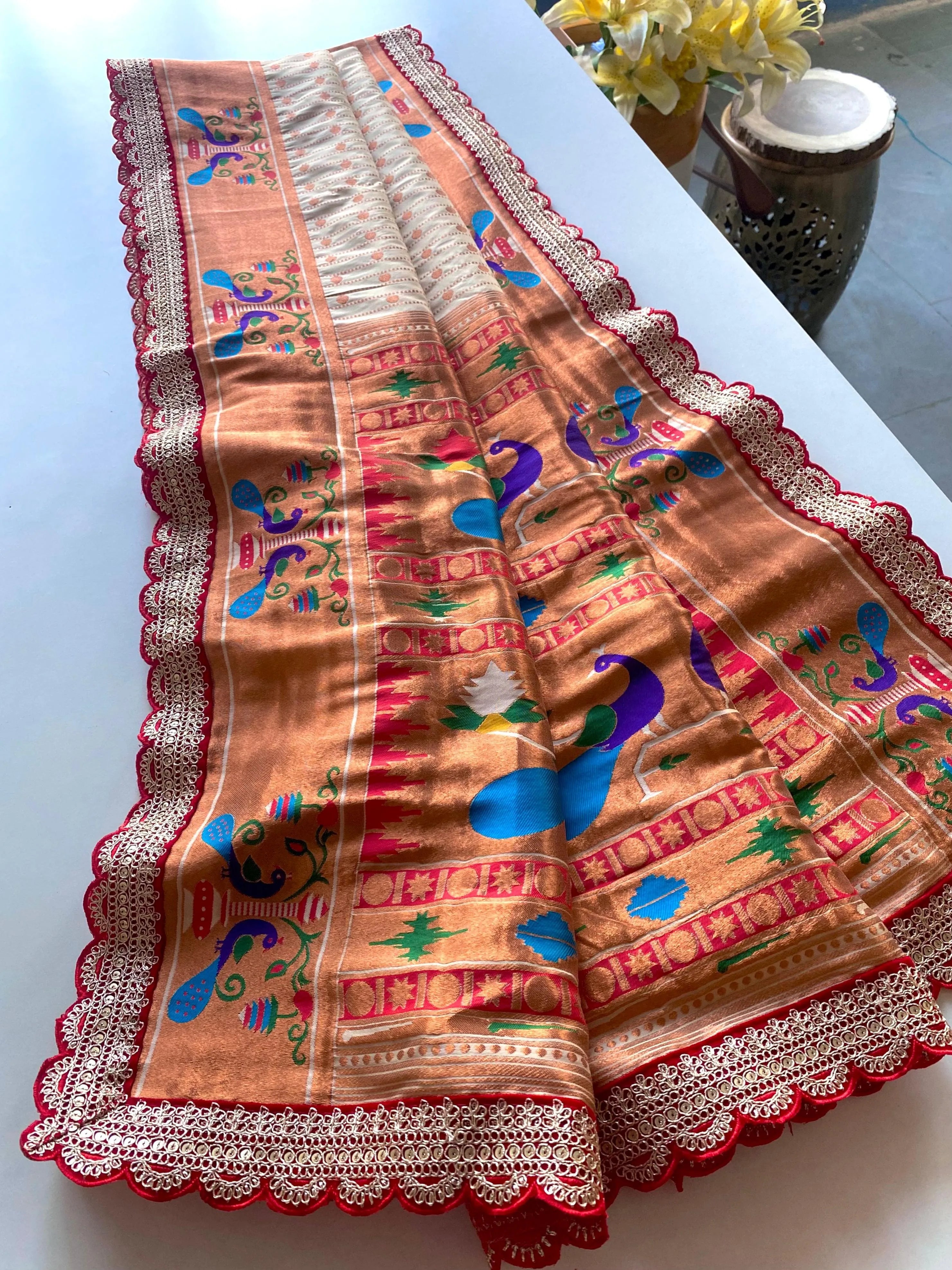 Pure Soft Zari Woven Paithani Silk Polka Based Scalloped Embroidered Sequins Lace Saree (Product Code: AS-776)