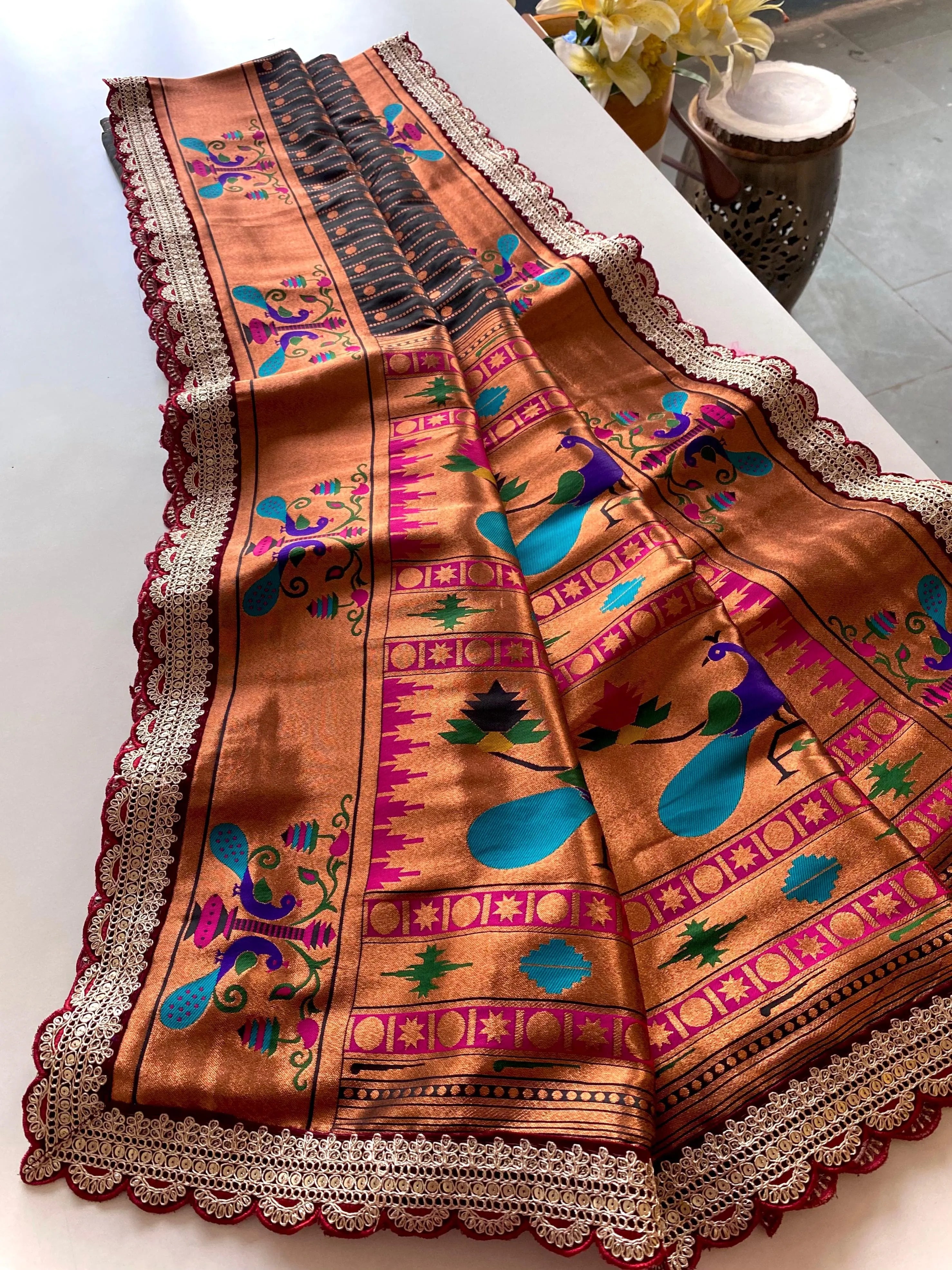 Pure Soft Zari Woven Paithani Silk Polka Based Scalloped Embroidered Sequins Lace Saree (Product Code: AS-776)