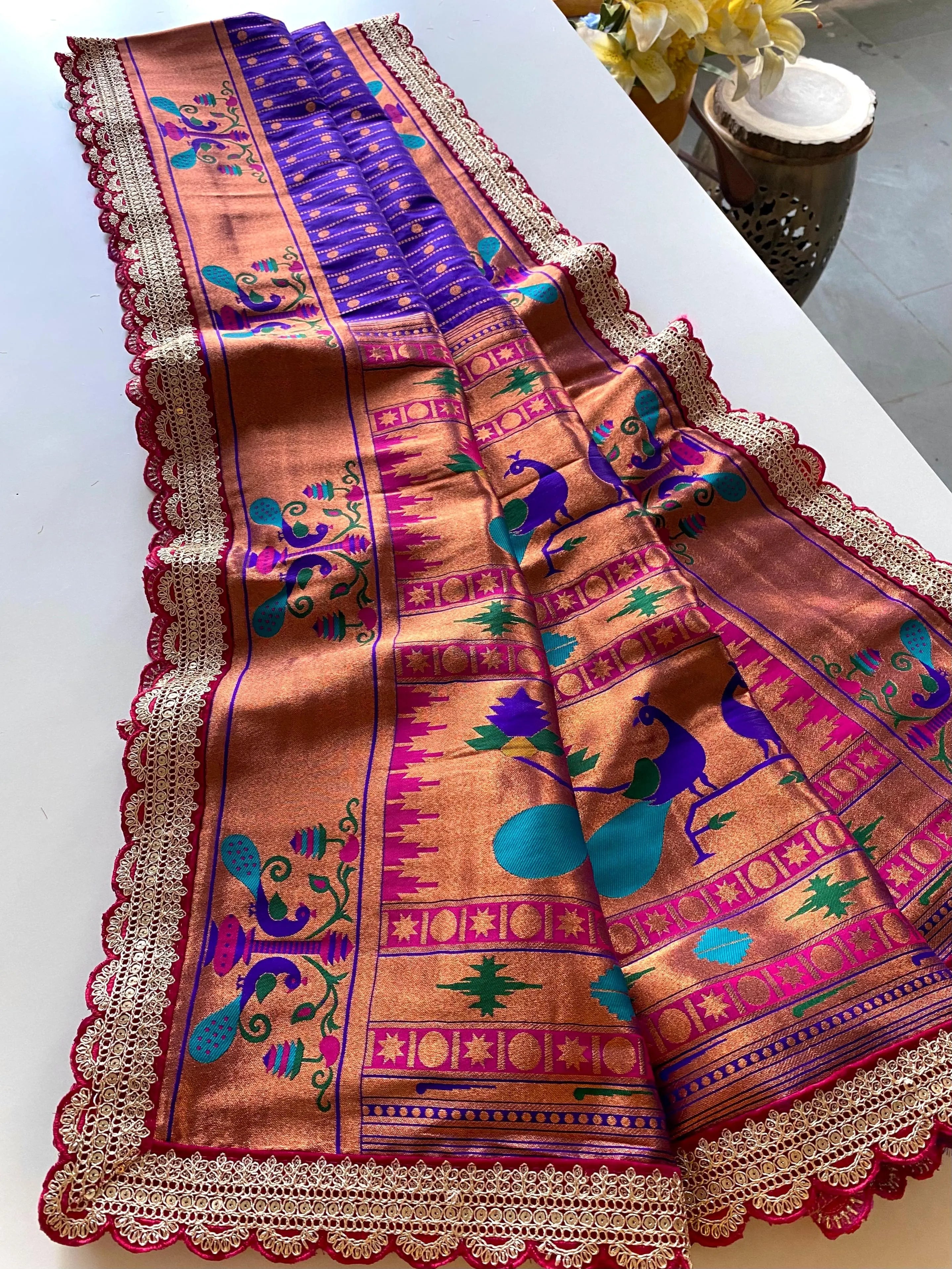 Pure Soft Zari Woven Paithani Silk Polka Based Scalloped Embroidered Sequins Lace Saree (Product Code: AS-776)