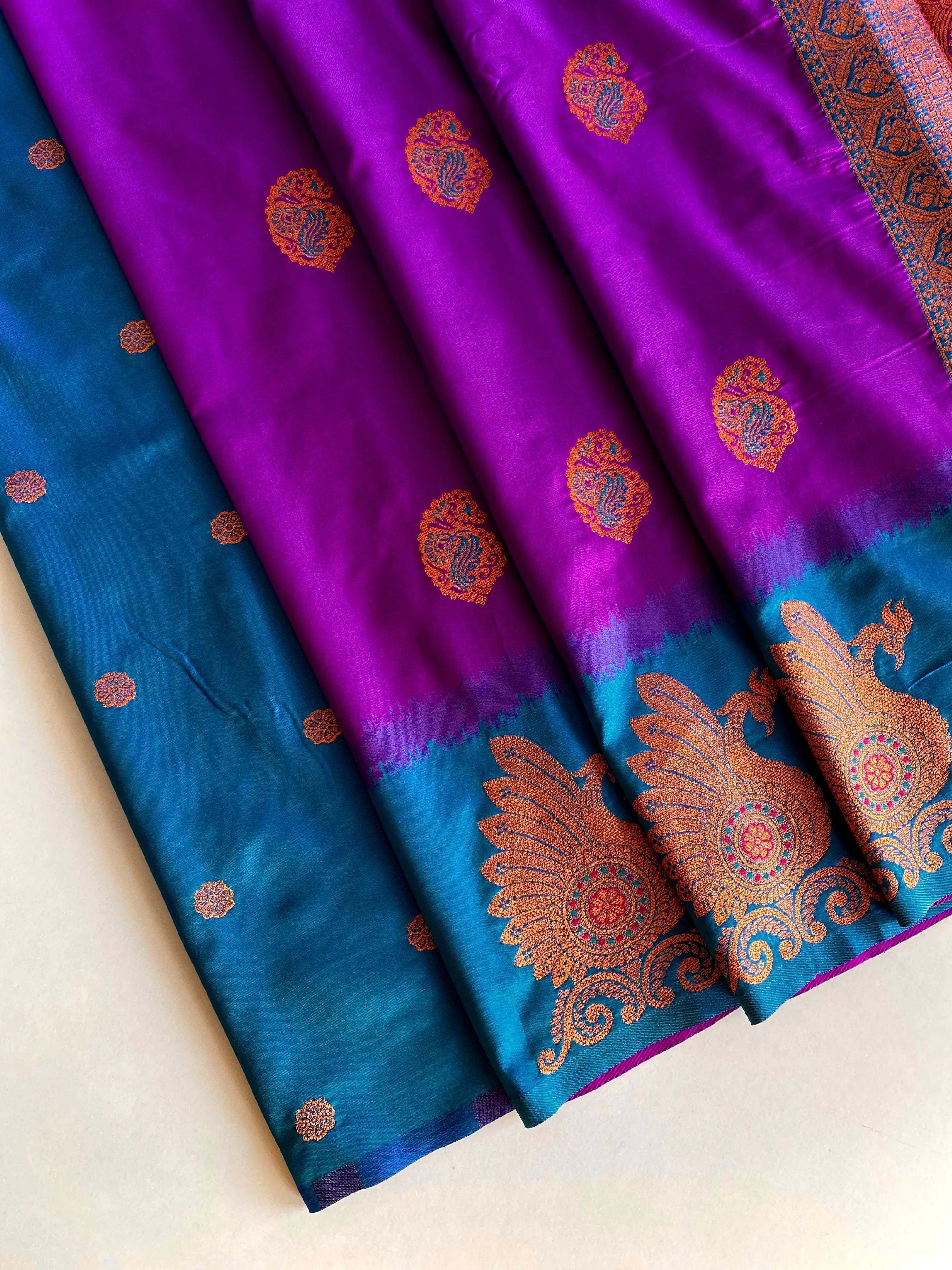 Dual Tone Unique Peacock Border Soft Silk Saree