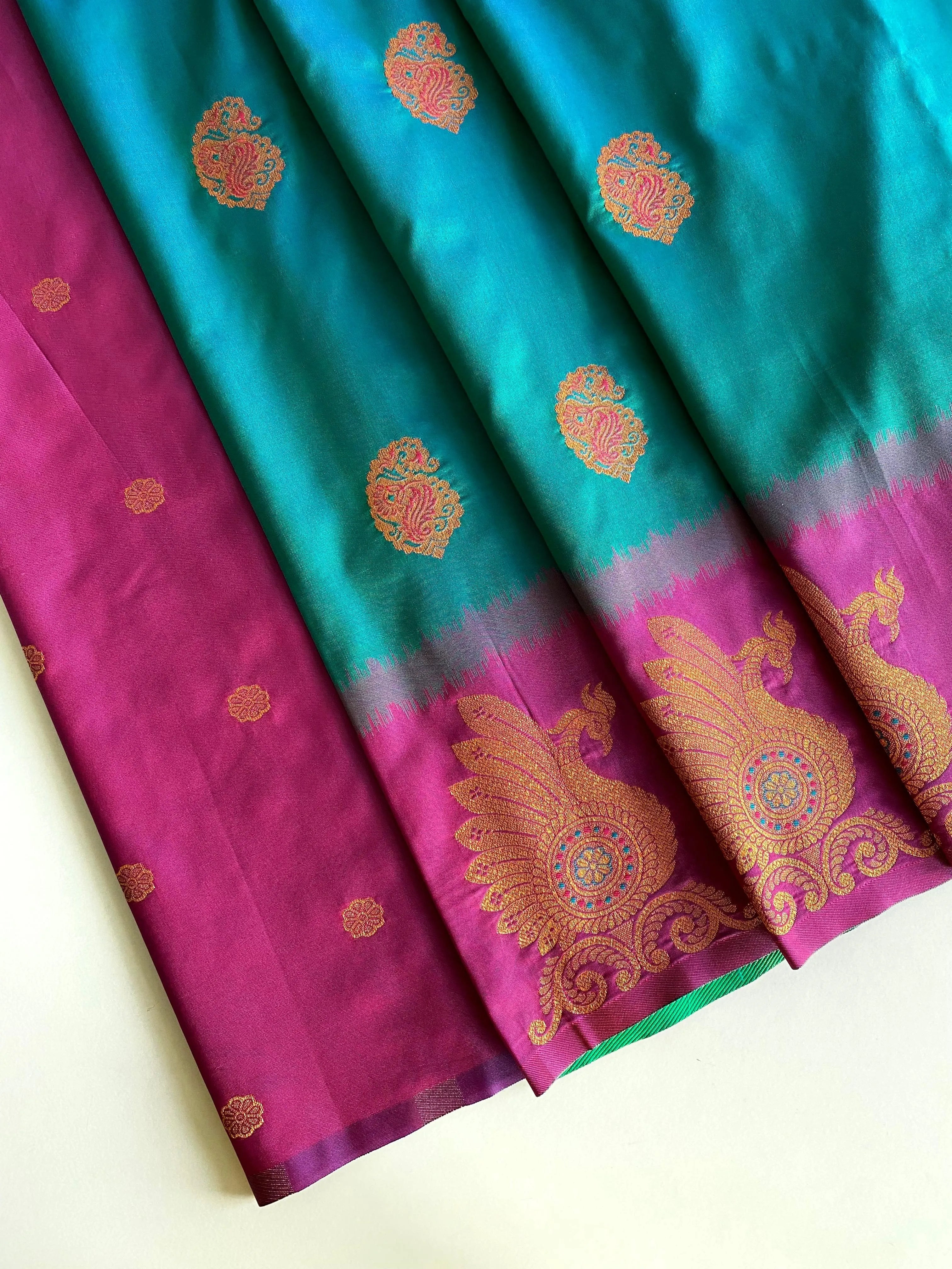Dual Tone Unique Peacock Border Soft Silk Saree