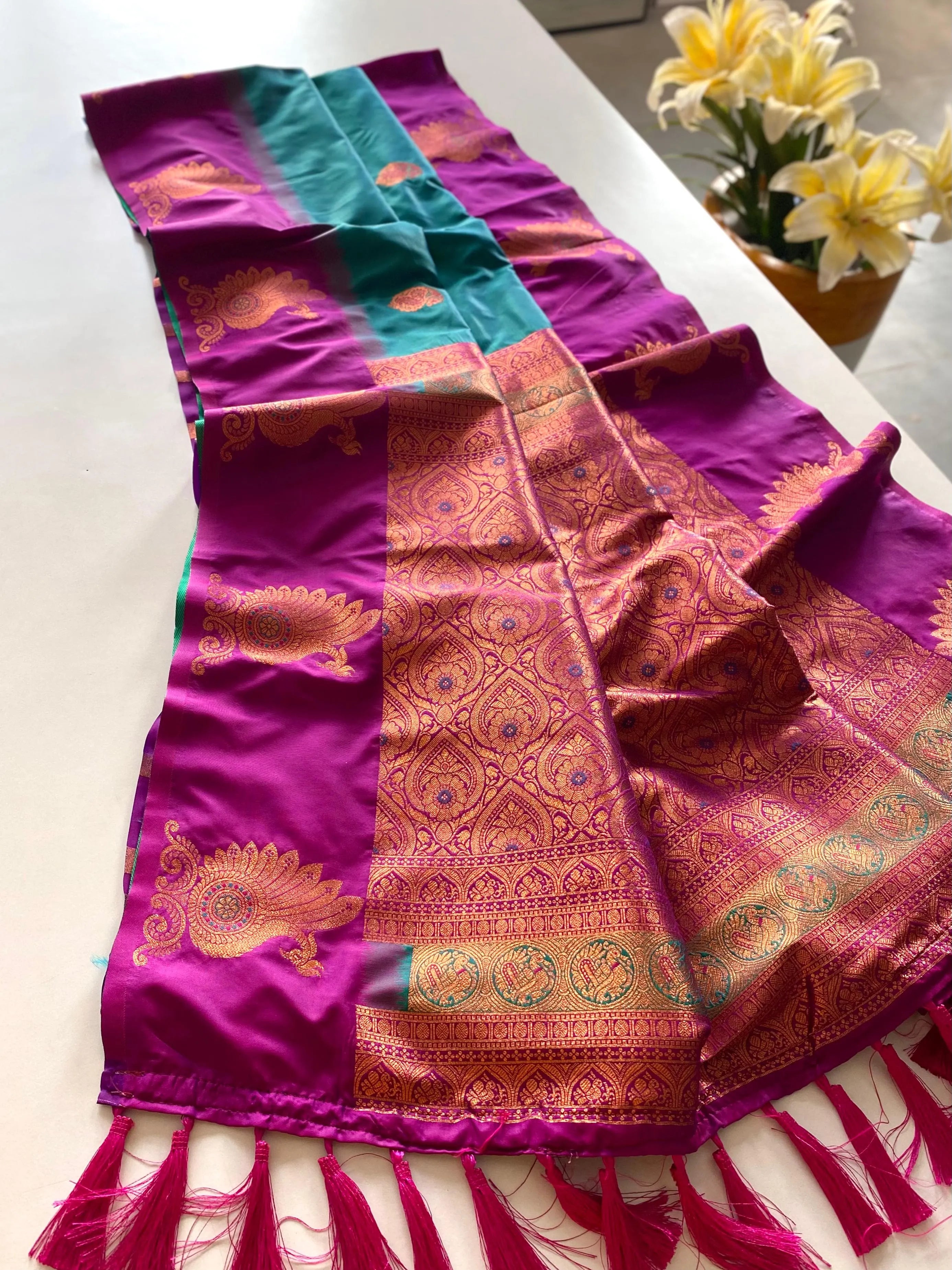 Dual Tone Unique Peacock Border Soft Silk Saree