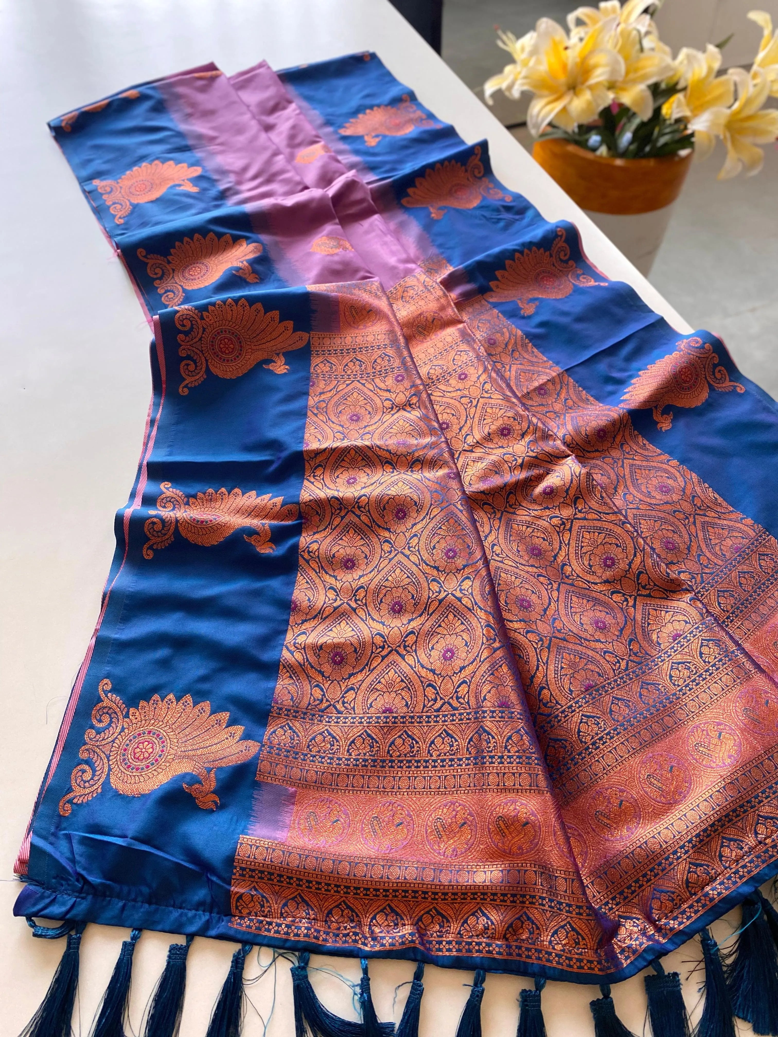 Dual Tone Unique Peacock Border Soft Silk Saree
