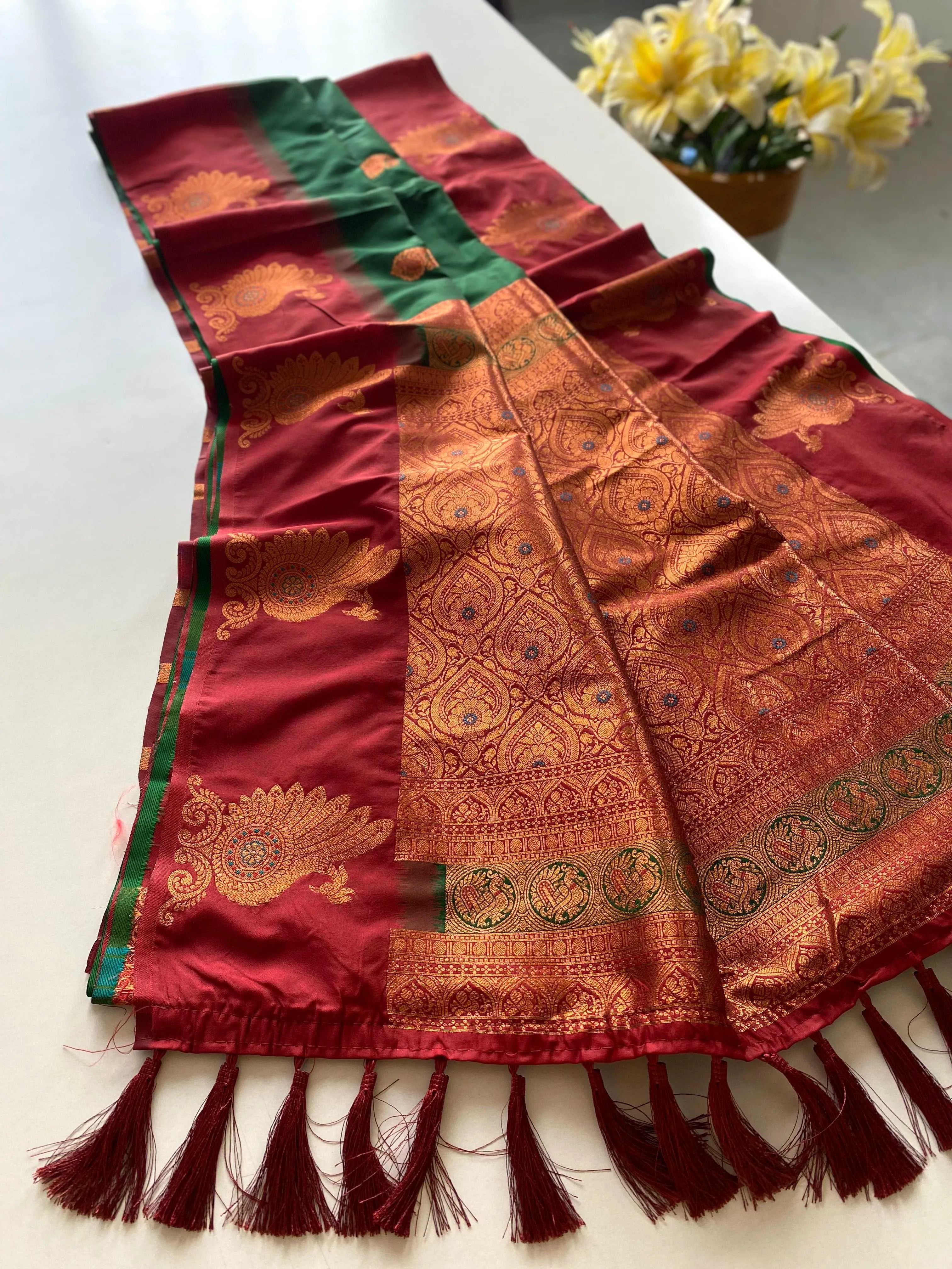 Dual Tone Unique Peacock Border Soft Silk Saree