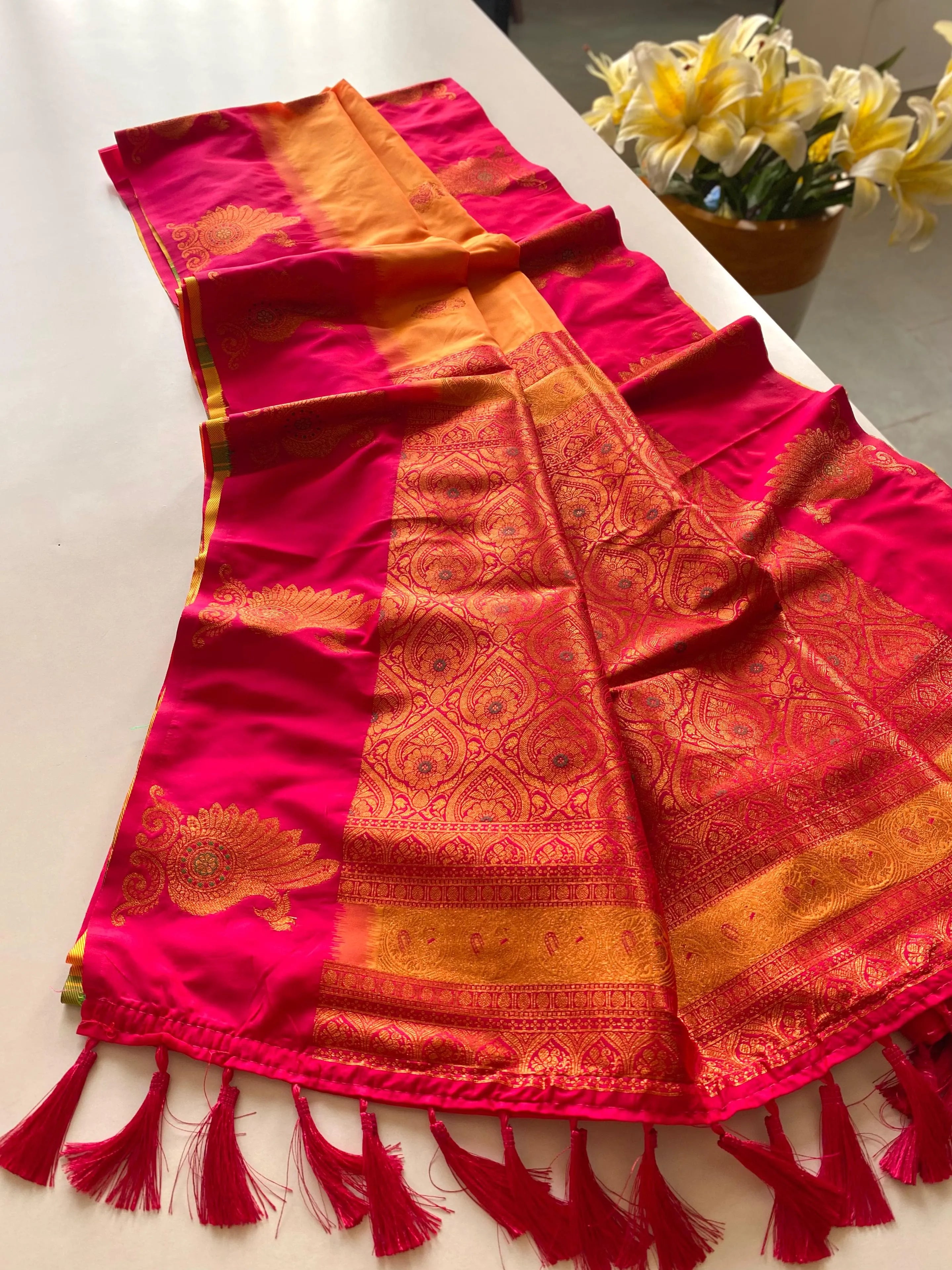 Dual Tone Unique Peacock Border Soft Silk Saree
