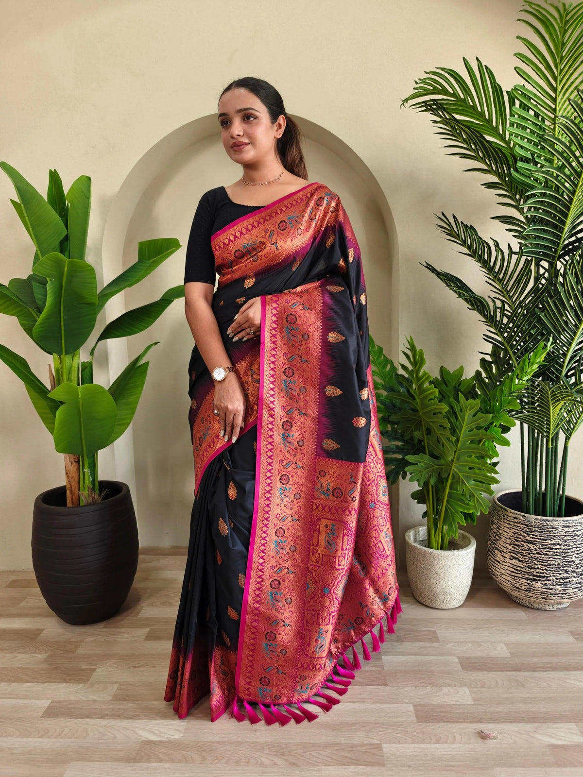 Black Paithani Silk Meenakari Soft Silk Saree