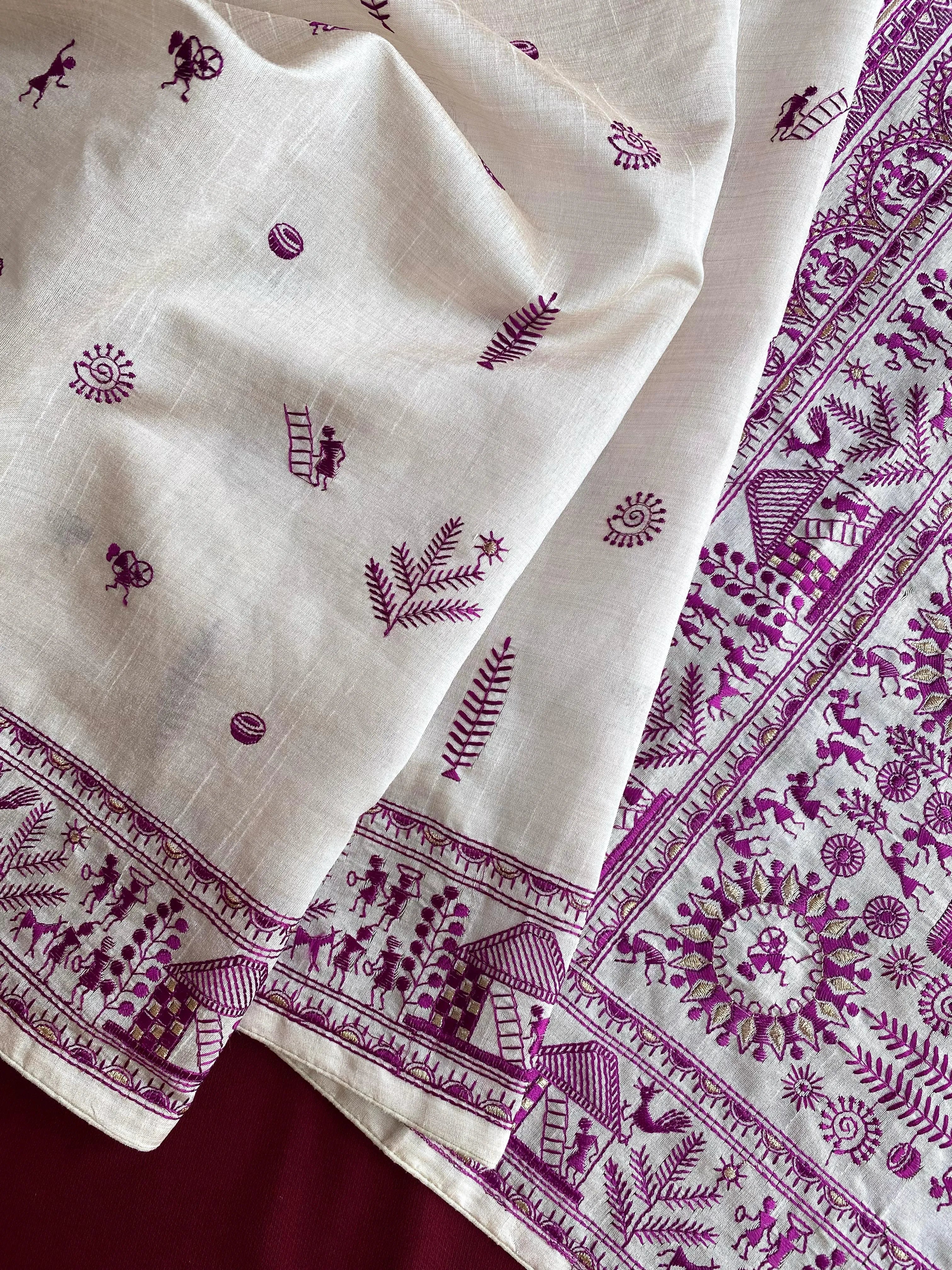 Pure Tussar Silk Baluchar Embroidered Pallu Saree