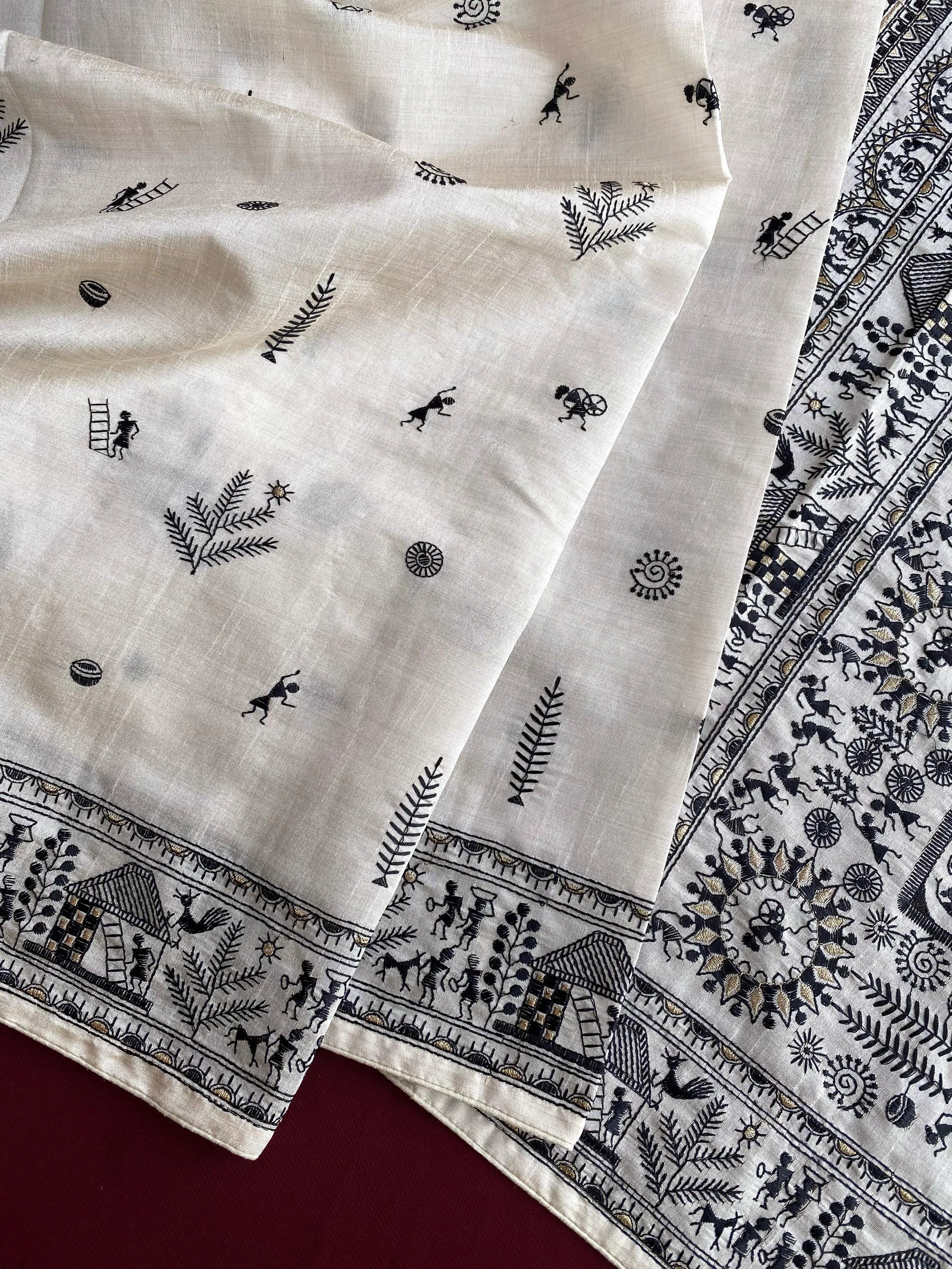 Pure Tussar Silk Baluchar Embroidered Pallu Saree
