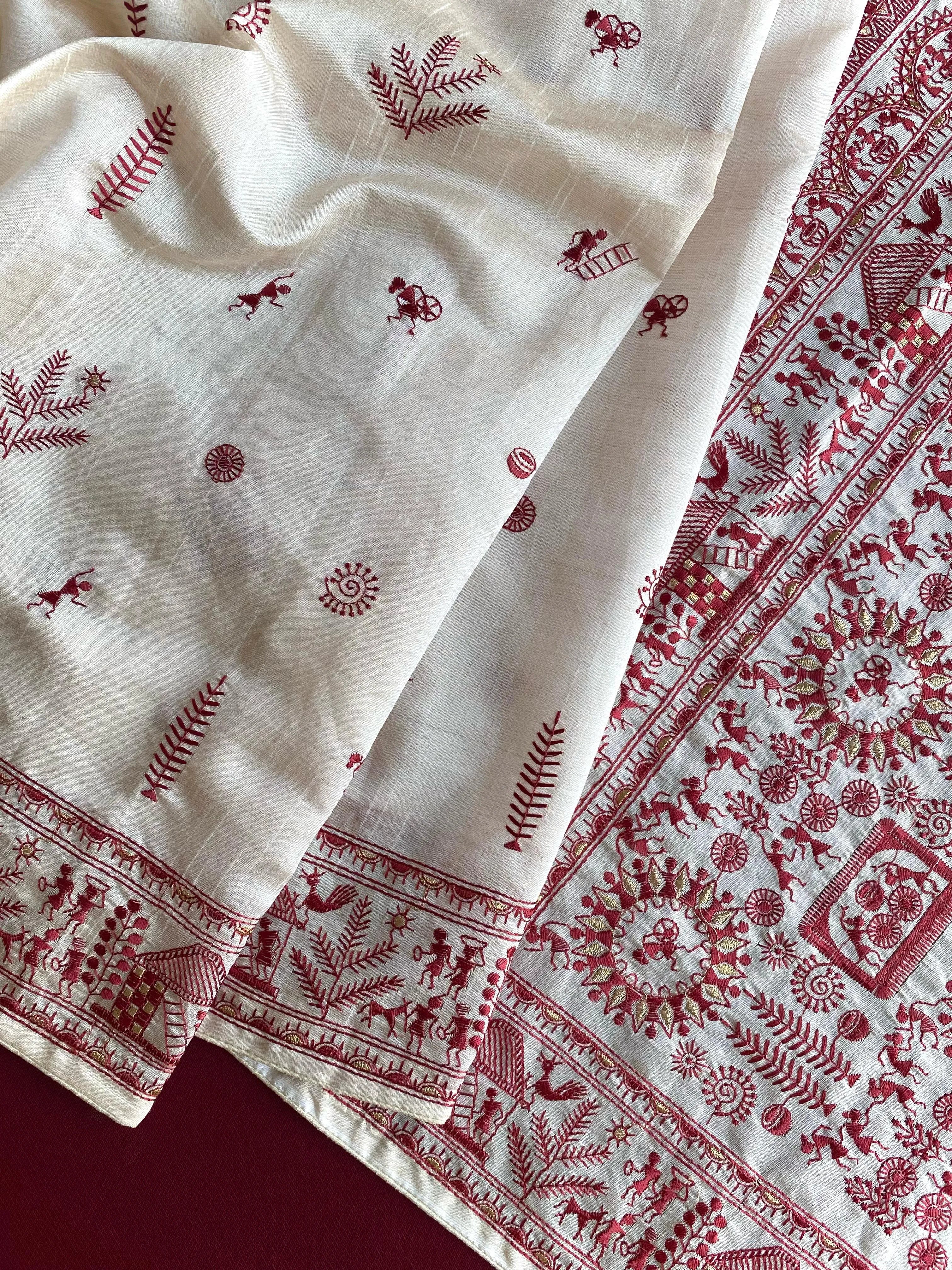 Pure Tussar Silk Baluchar Embroidered Pallu Saree