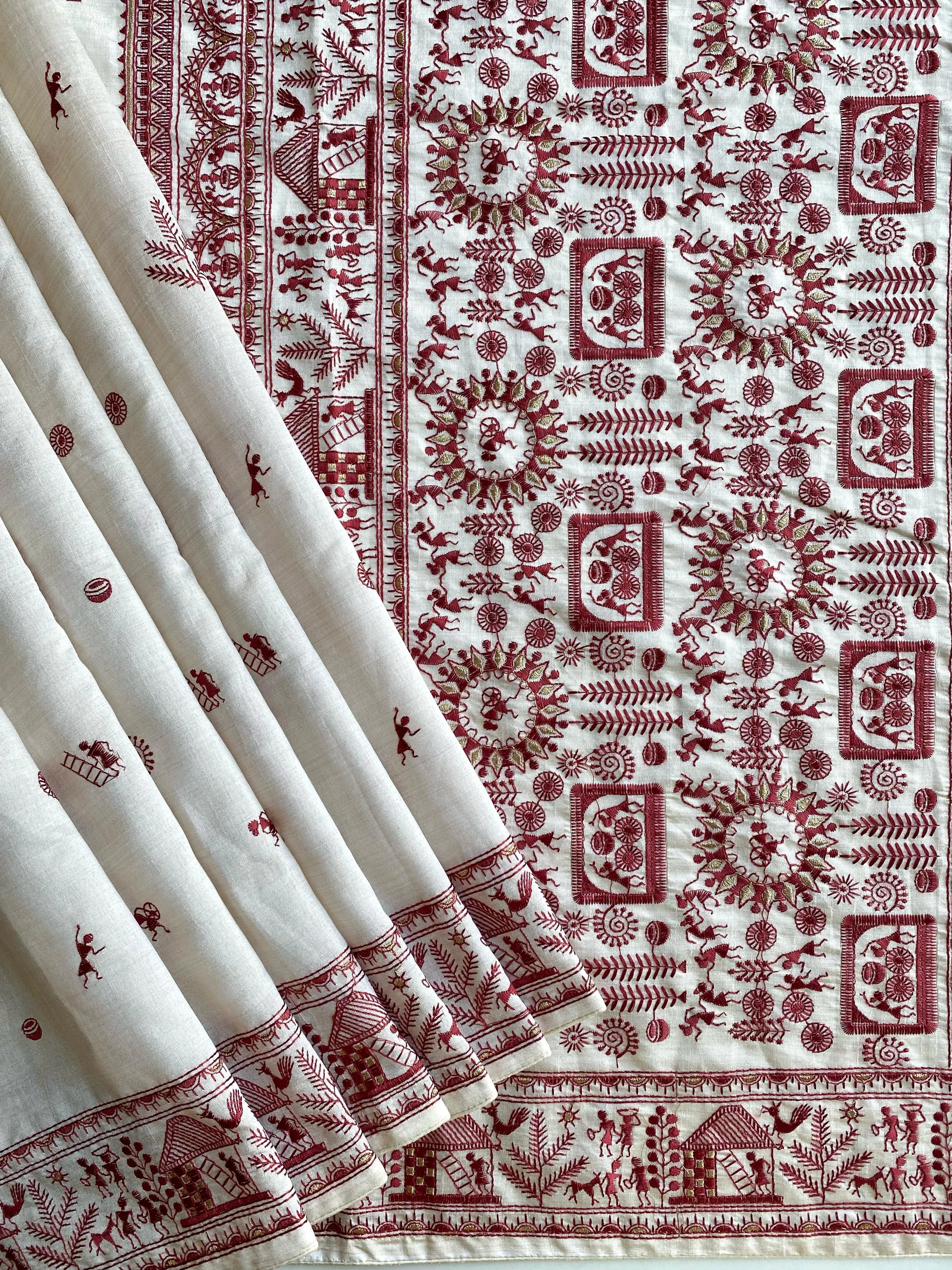 Pure Tussar Silk Baluchar Embroidered Pallu Saree