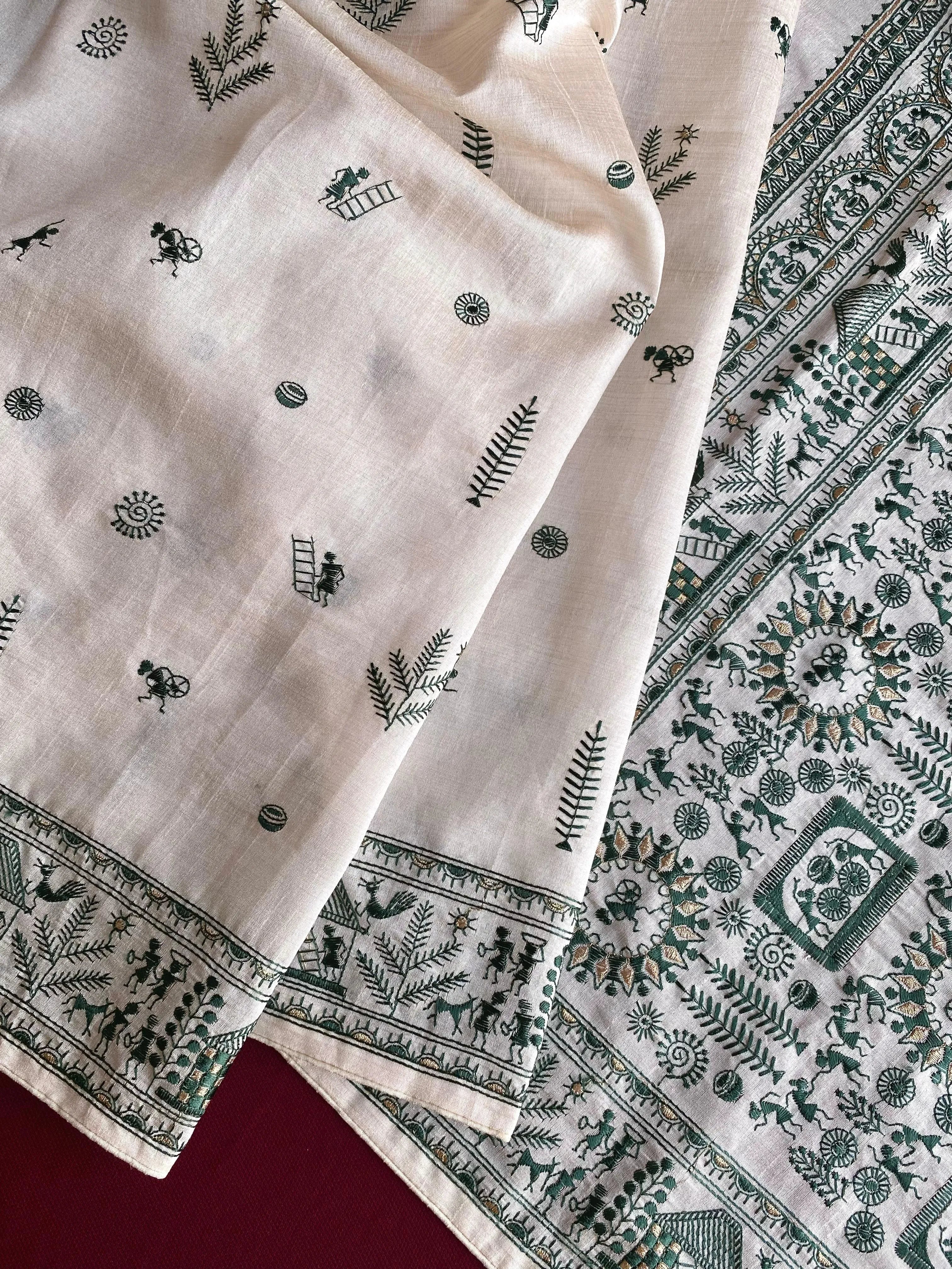 Pure Tussar Silk Baluchar Embroidered Pallu Saree