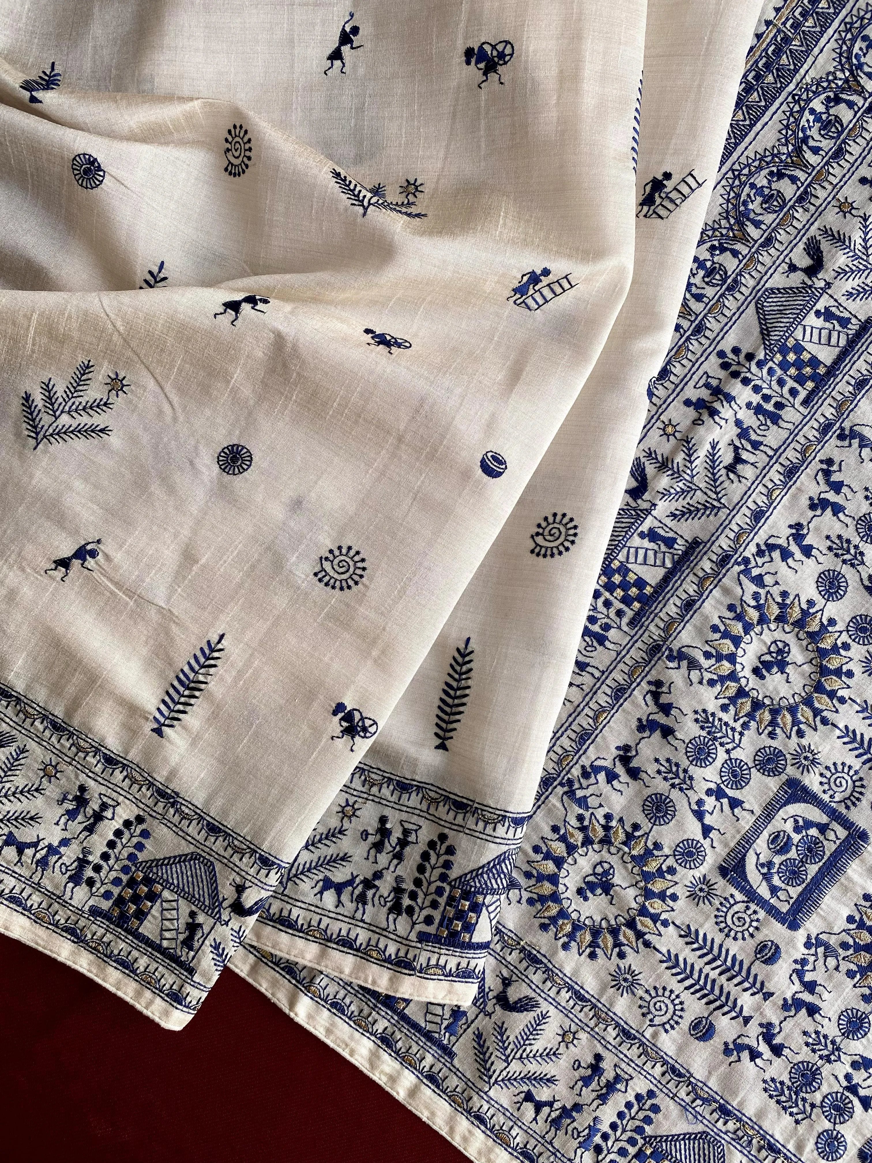 Pure Tussar Silk Baluchar Embroidered Pallu Saree