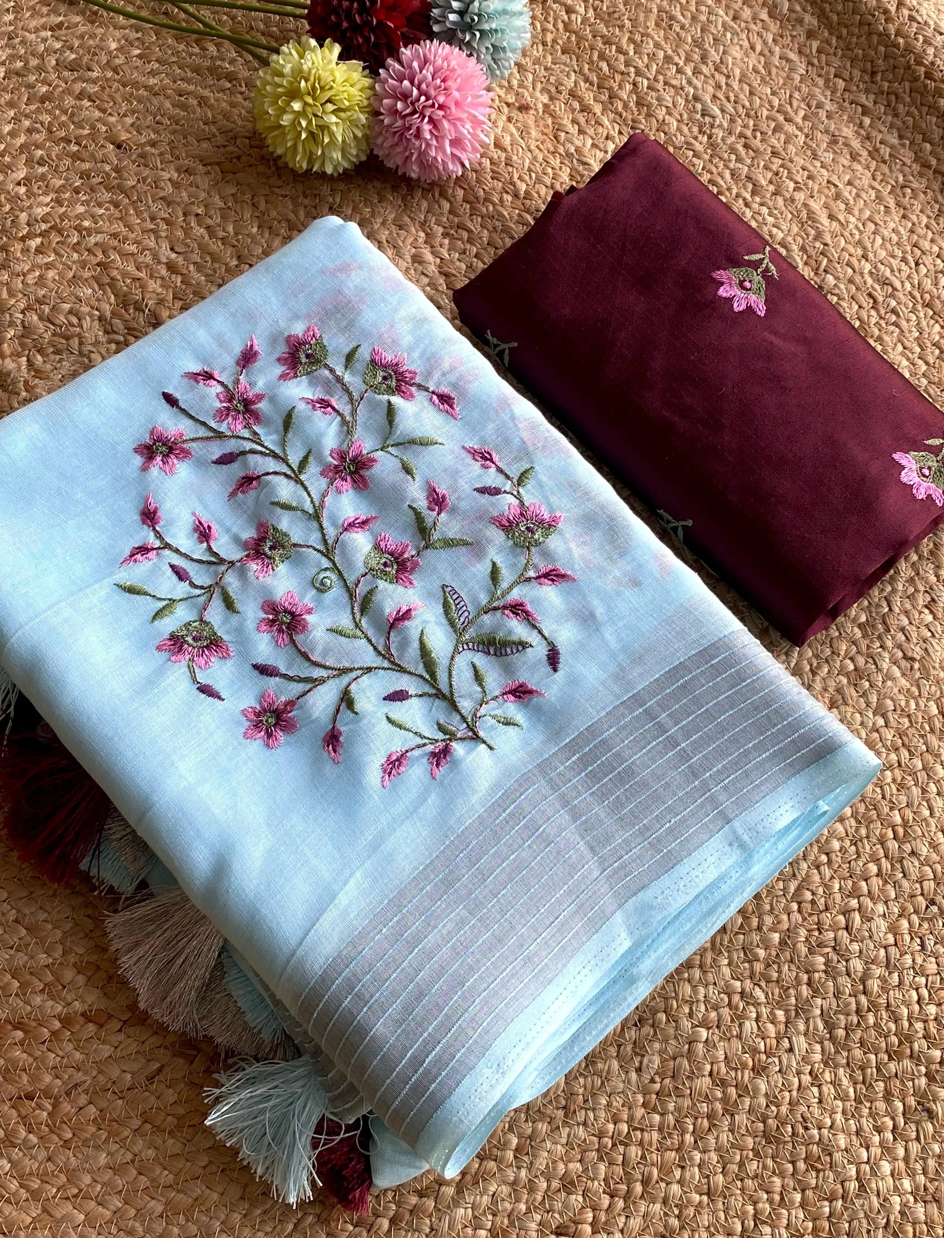 Pure 90 Count Linen 6 Needle Embroidered Butta Saree