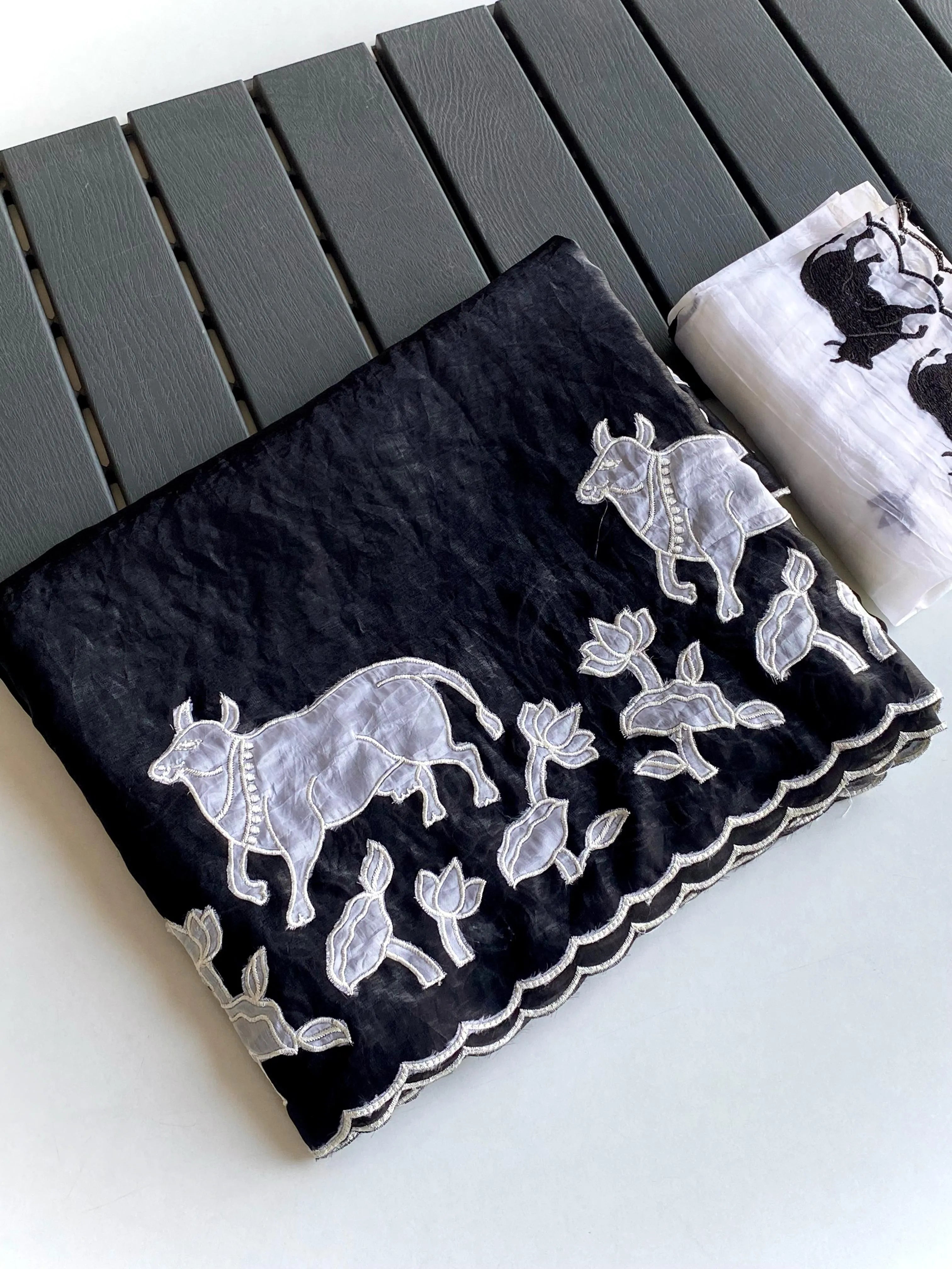 Pure & Premium Applique Pure Glass Fendi Designer Embroidered Saree  (Product Code: AS-894)