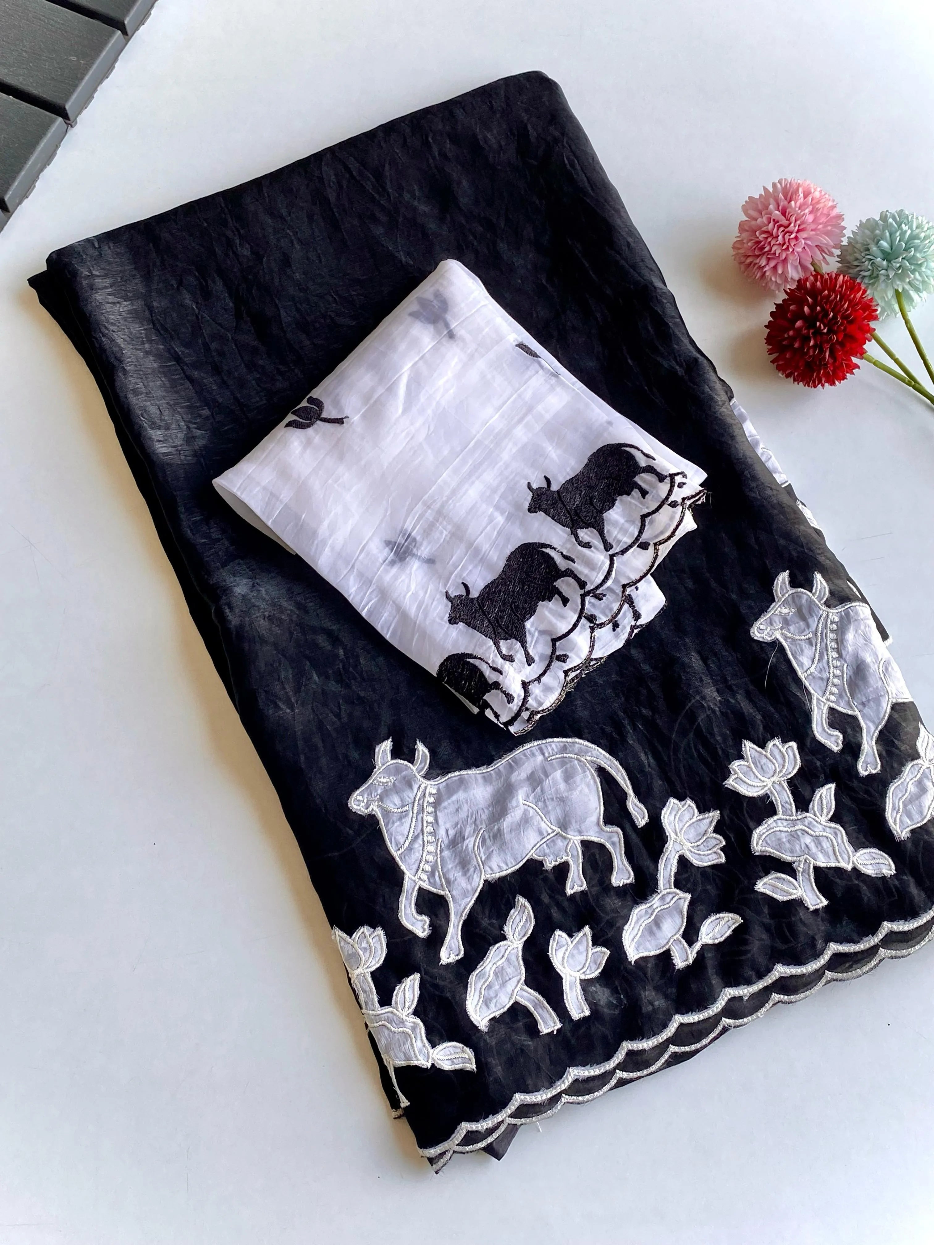 Pure & Premium Applique Pure Glass Fendi Designer Embroidered Saree  (Product Code: AS-894)