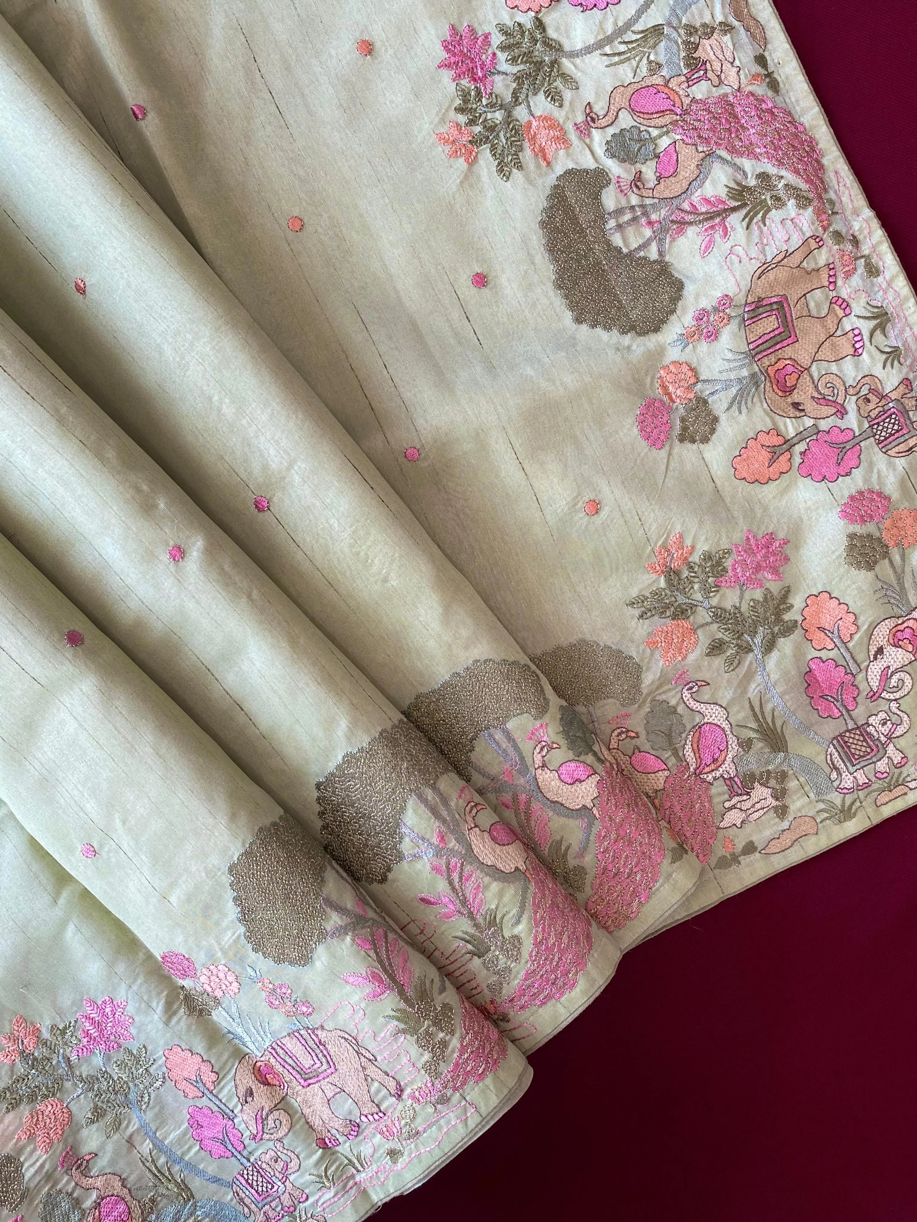 Pure Loom Tussar Silk Embroidery Work Saree