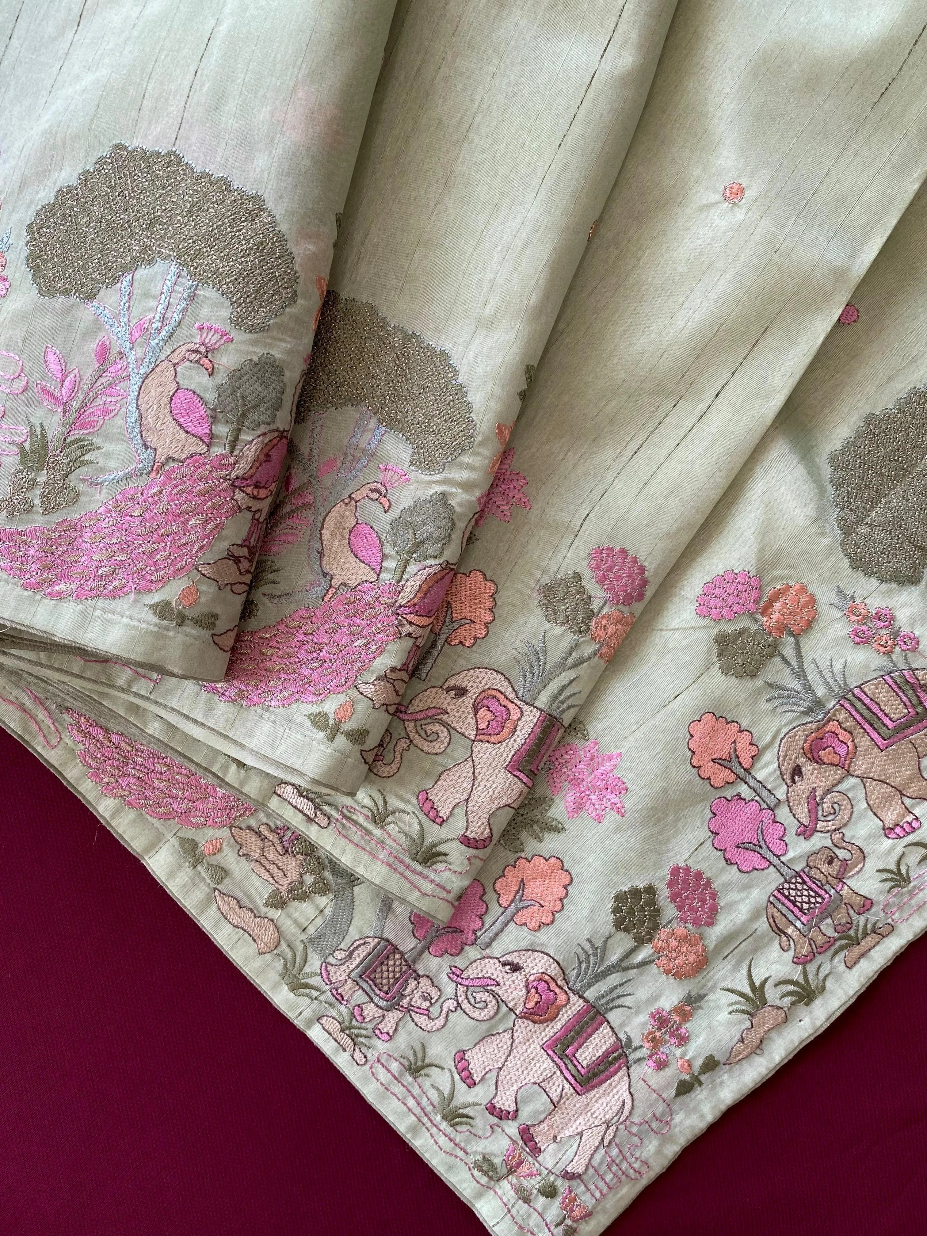 Pure Loom Tussar Silk Embroidery Work Saree