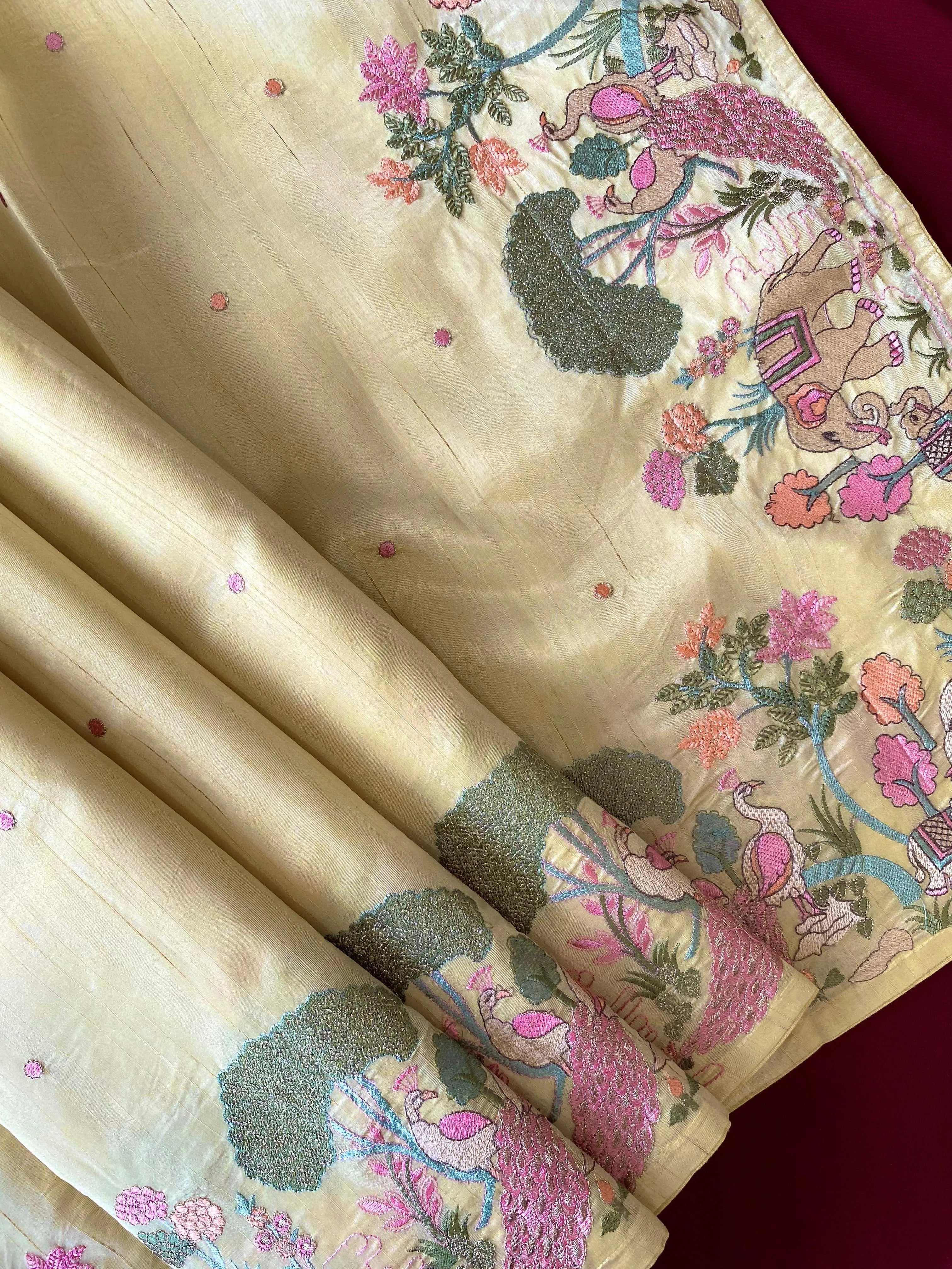 Pure Loom Tussar Silk Embroidery Work Saree