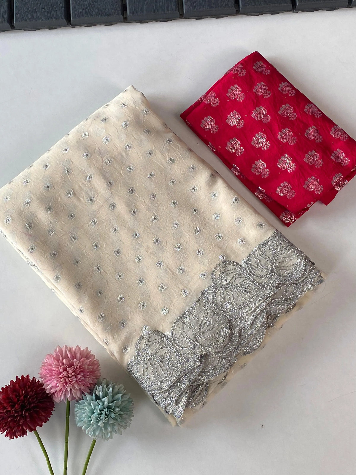 Crush Chiffon Leaf Embroidery Panel Saree