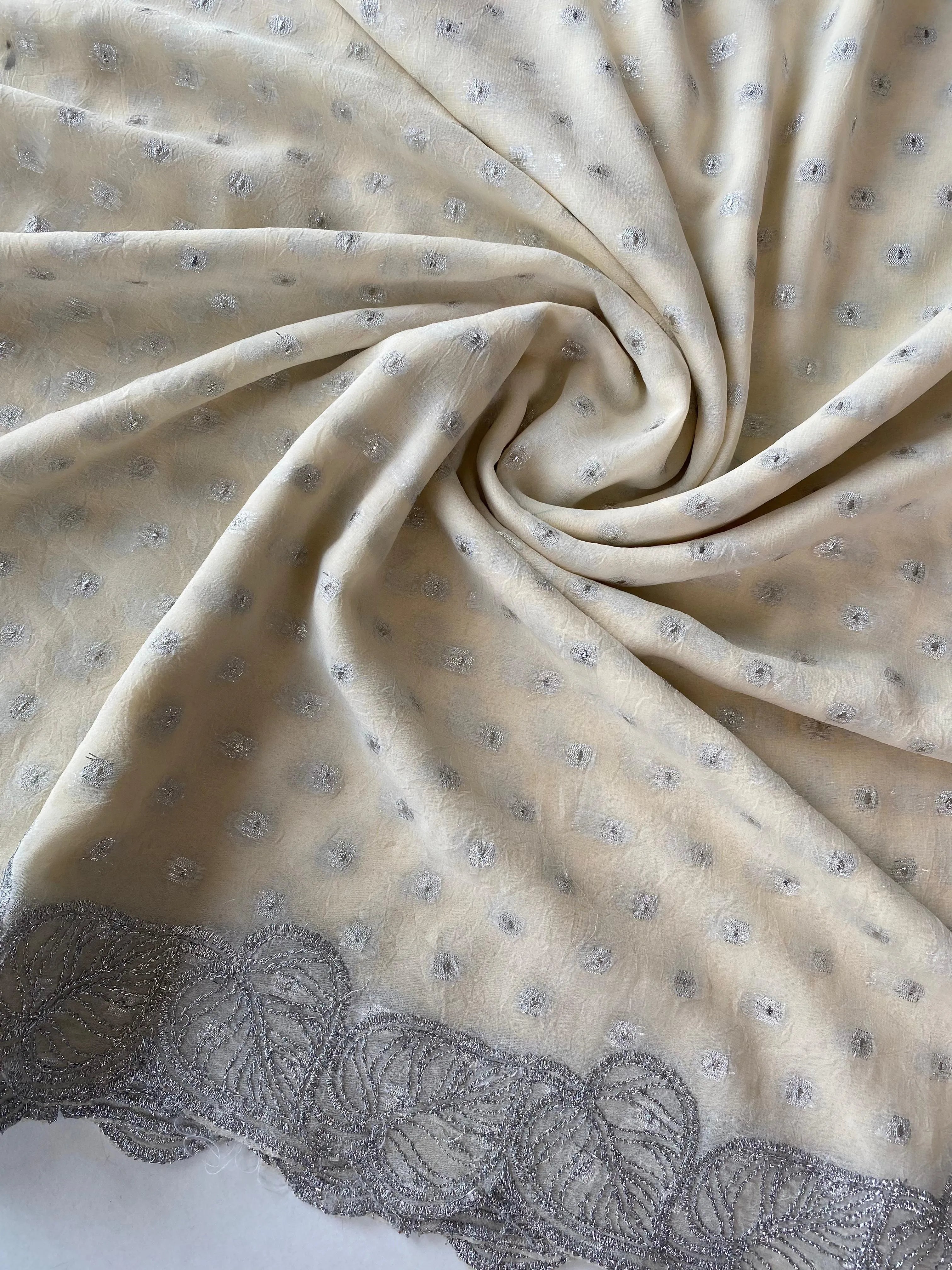 Crush Chiffon Leaf Embroidery Panel Saree