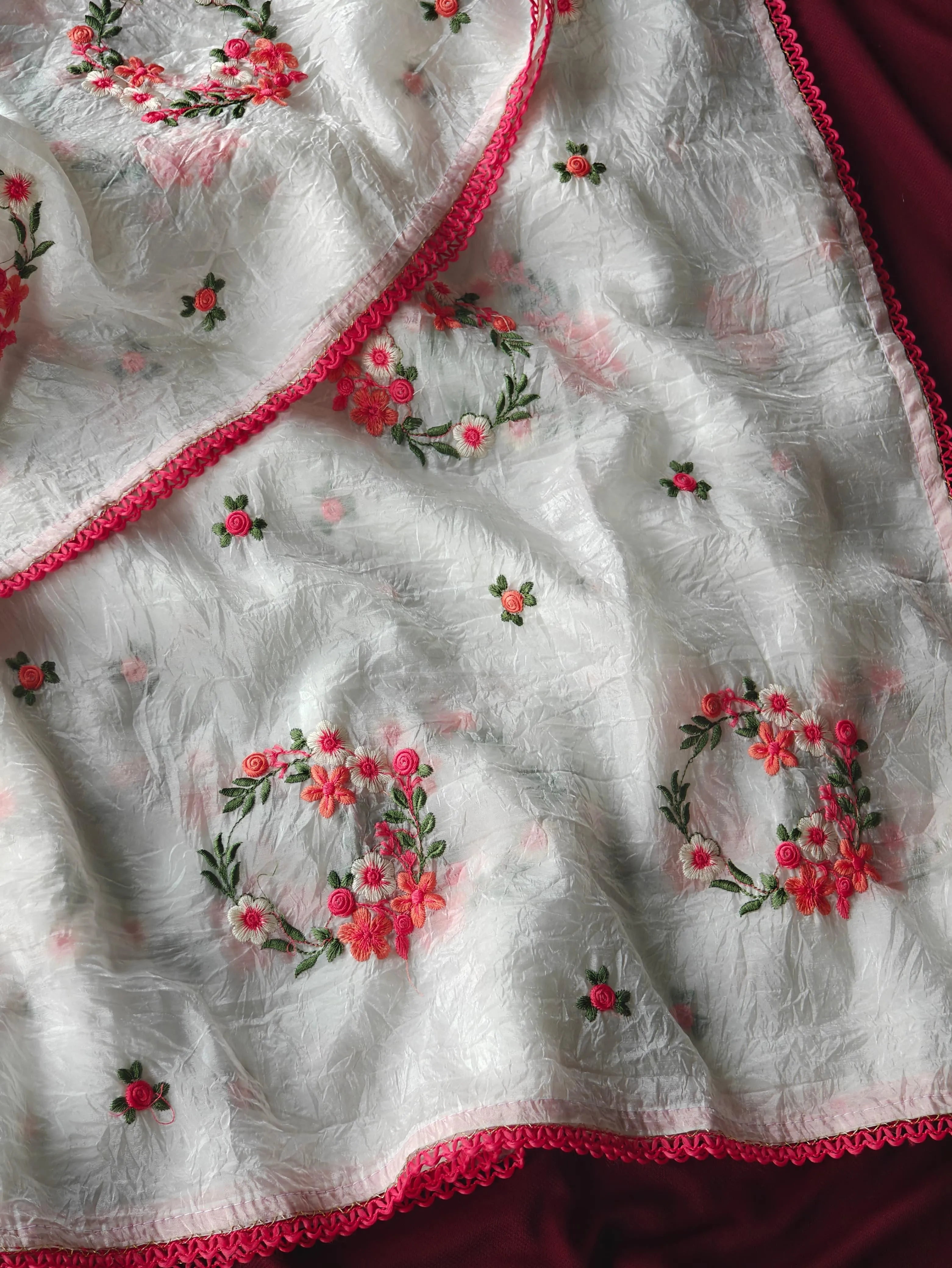 Crush Silk Floral Embroidery Cutwork Saree