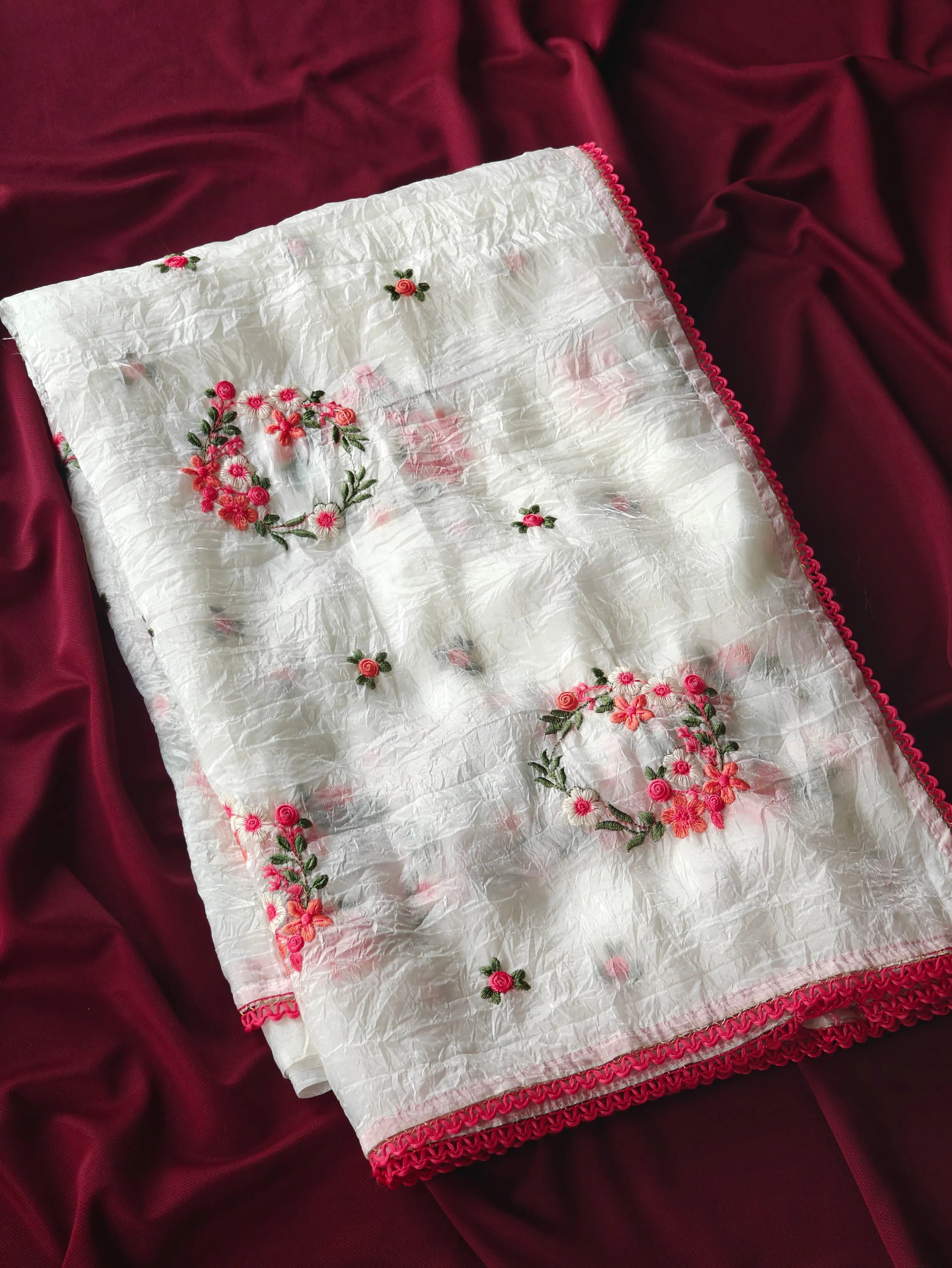 Crush Silk Floral Embroidery Cutwork Saree