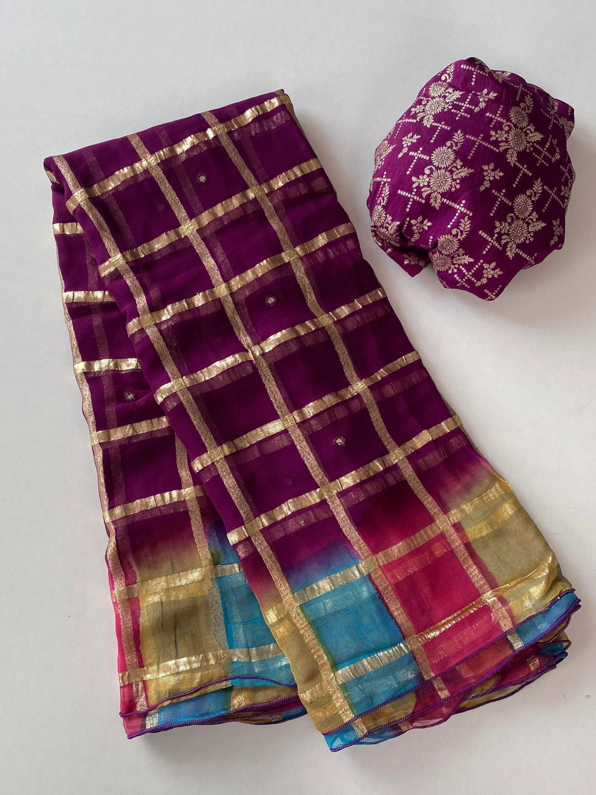 Pure Viscose Georgette Gold Zari Chex Mirror Work Saree  (Product Code: AS-924)