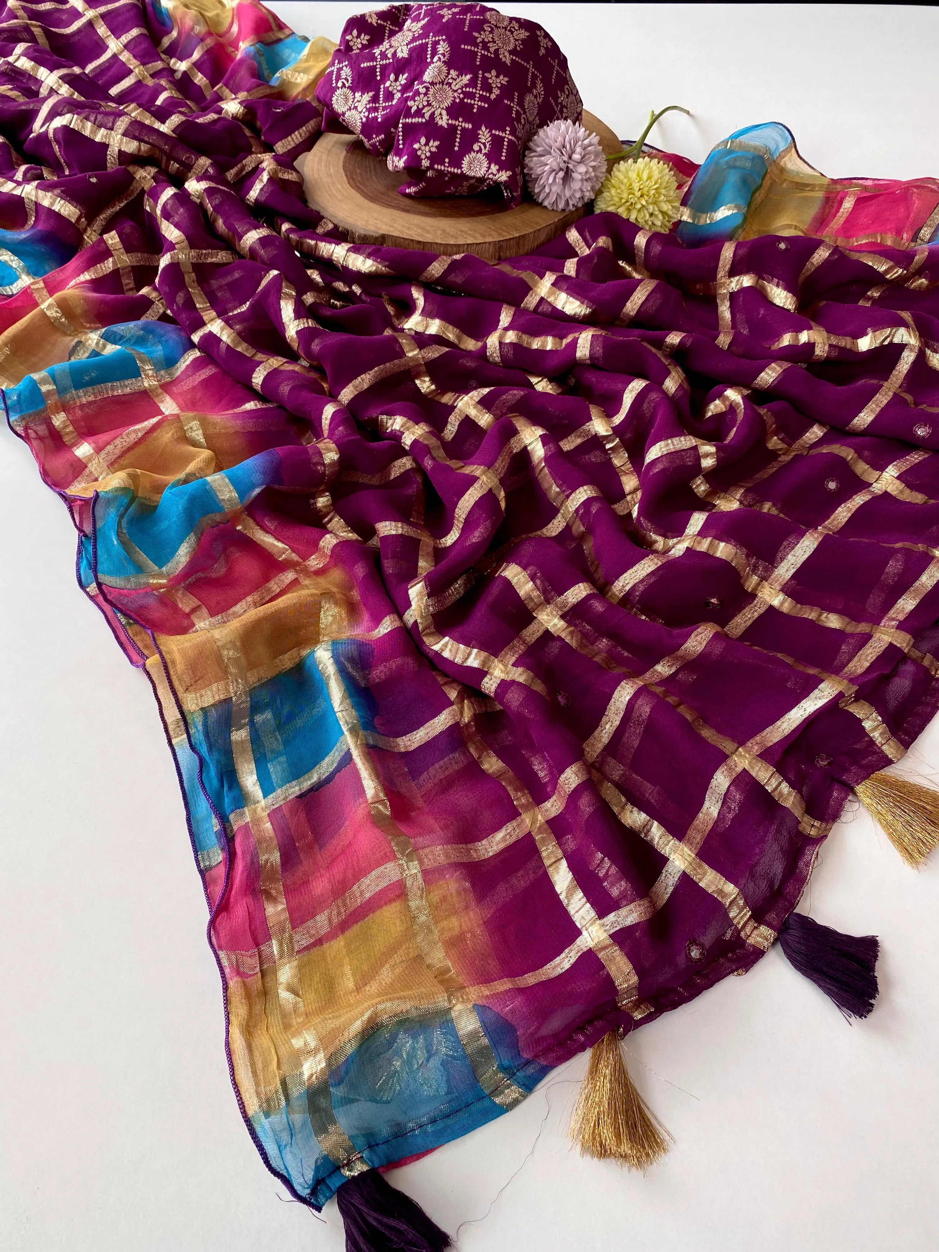 Pure Viscose Georgette Gold Zari Chex Mirror Work Saree  (Product Code: AS-924)