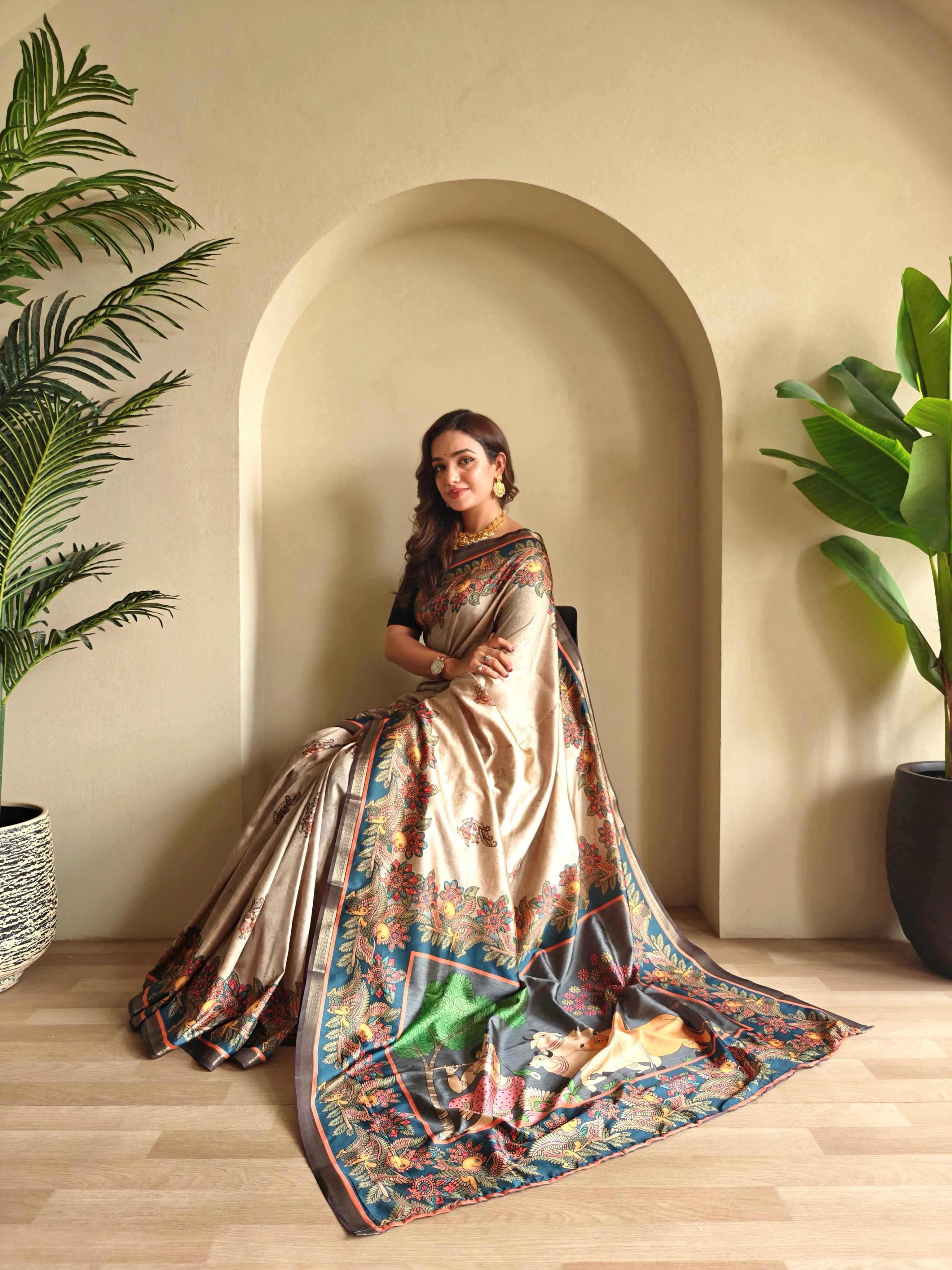 Soft Silk New Conceptual Design Kalamakari Fusion Printed Saree  (Product Code: AS-923)