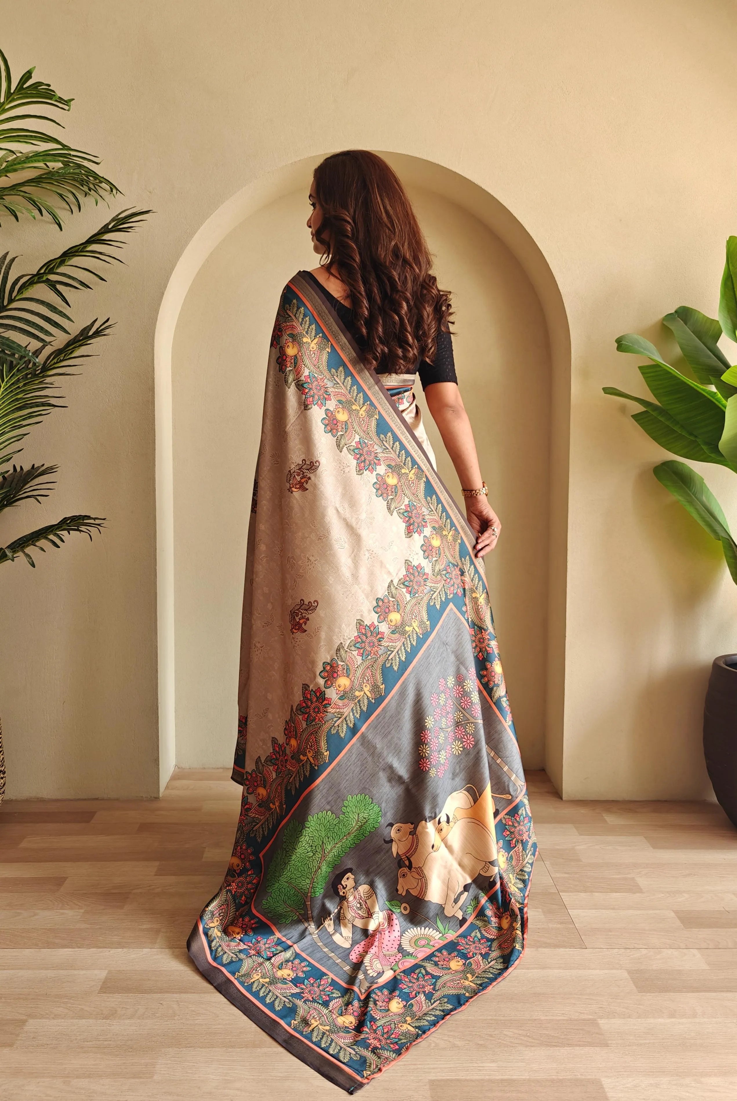 Soft Silk New Conceptual Design Kalamakari Fusion Printed Saree  (Product Code: AS-923)