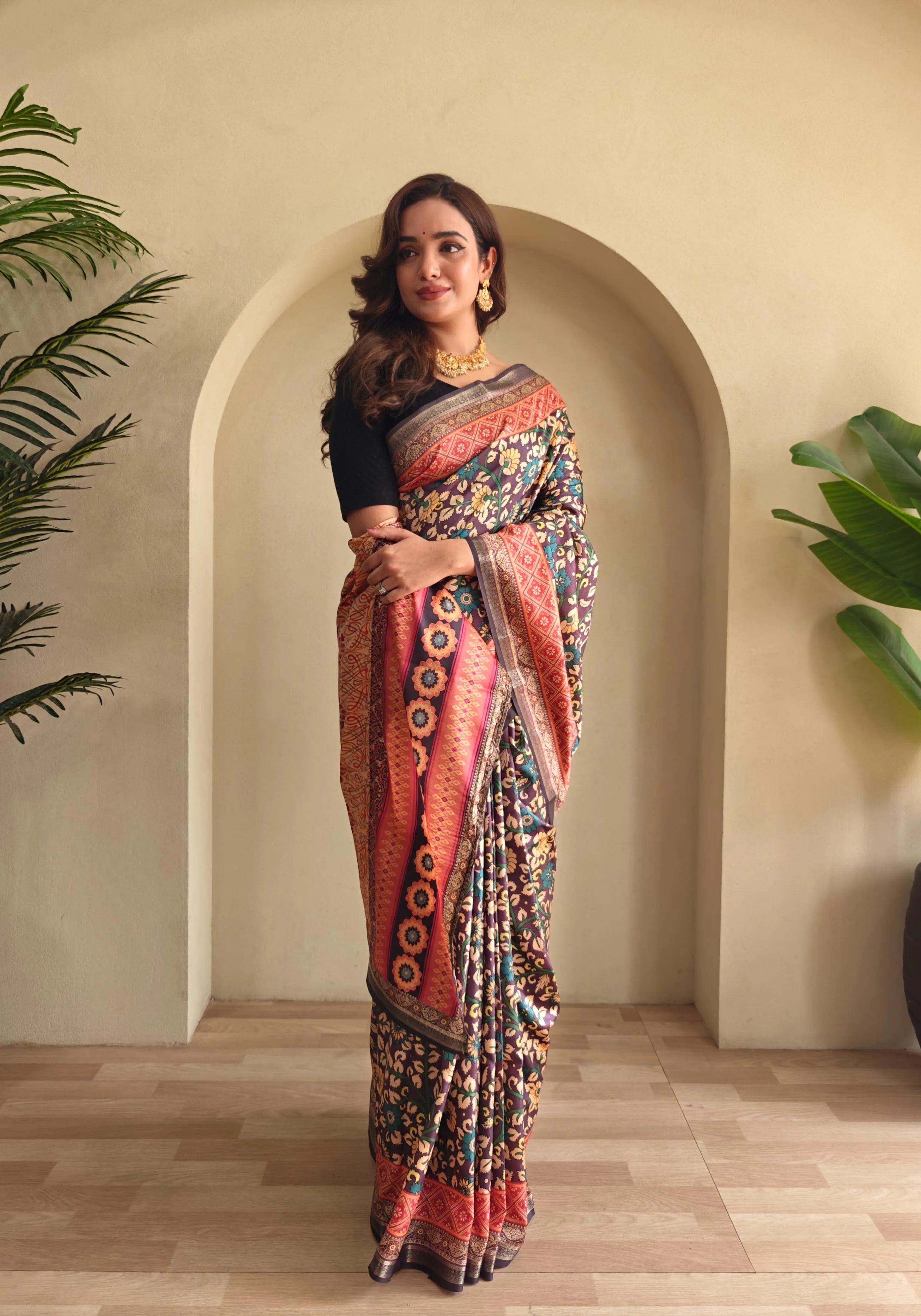 Soft Silk New Conceptual Design Kalamakari Fusion Printed Saree  (Product Code: AS-923)