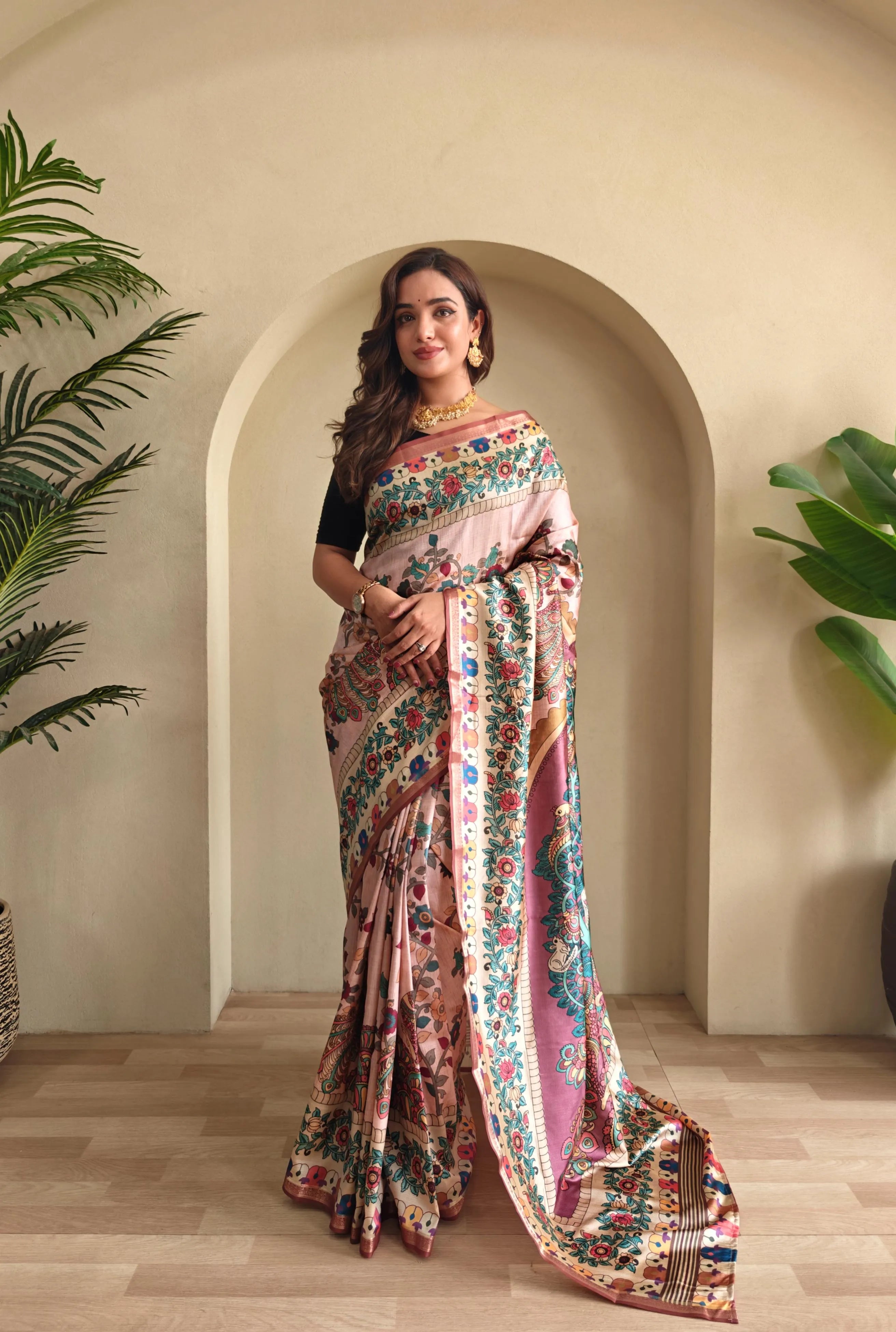 Soft Silk New Conceptual Design Kalamakari Fusion Printed Saree  (Product Code: AS-923)