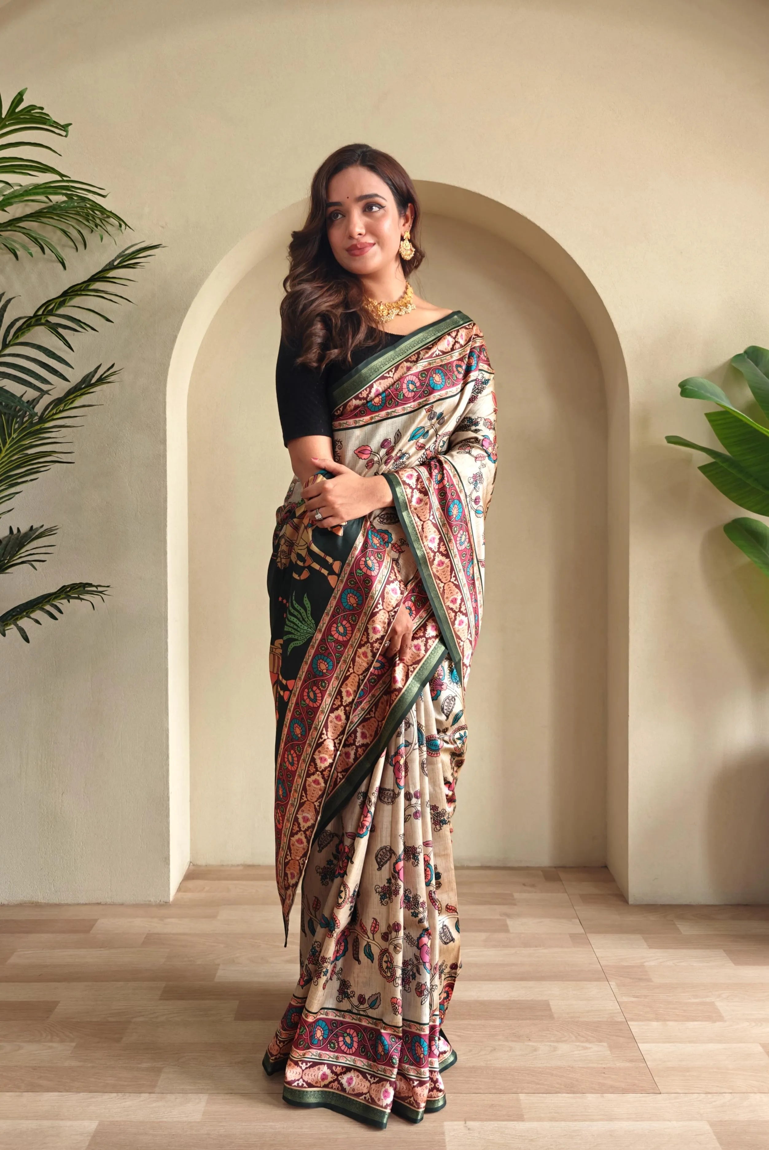 Soft Silk New Conceptual Design Kalamakari Fusion Printed Saree  (Product Code: AS-923)