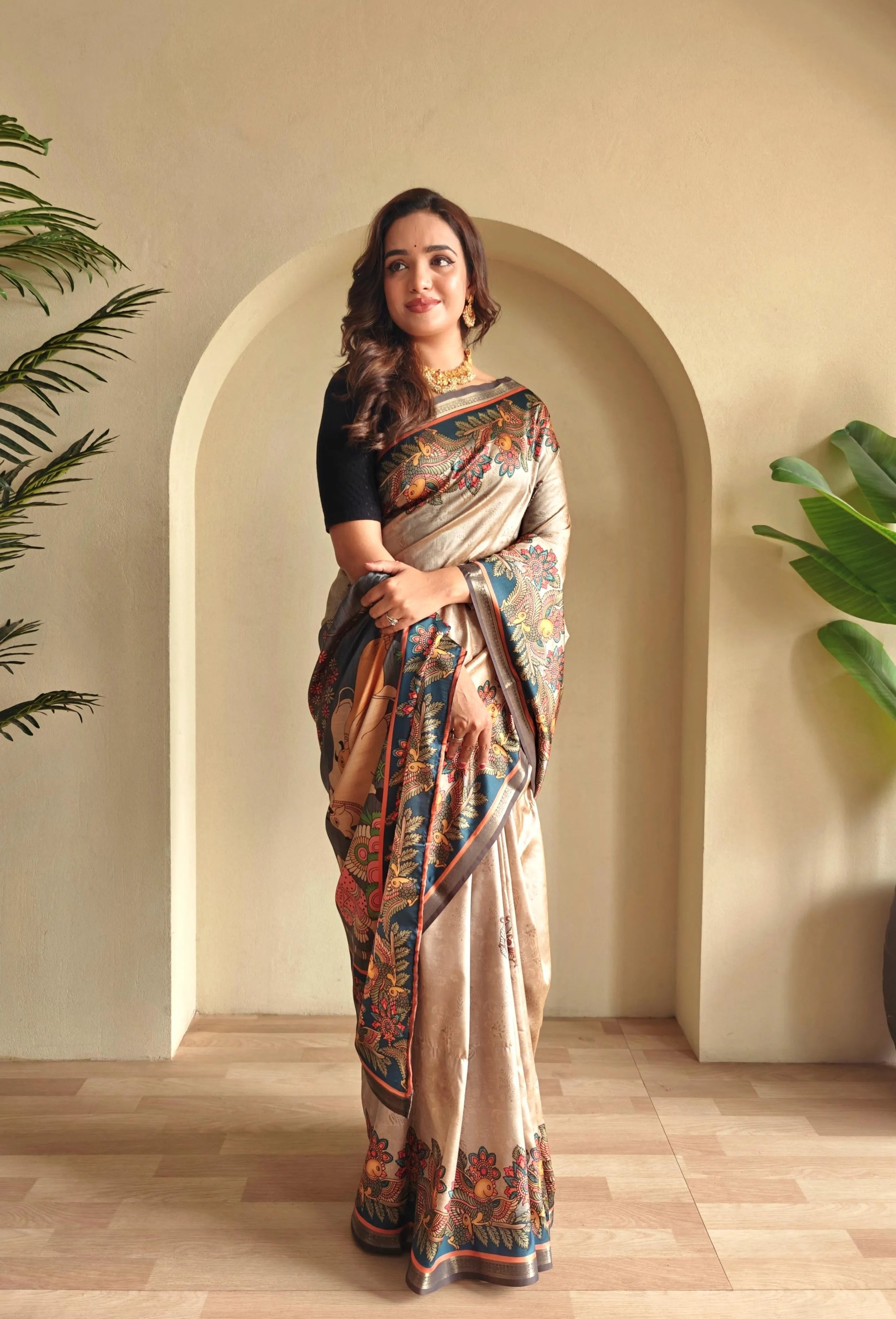 Soft Silk New Conceptual Design Kalamakari Fusion Printed Saree  (Product Code: AS-923)