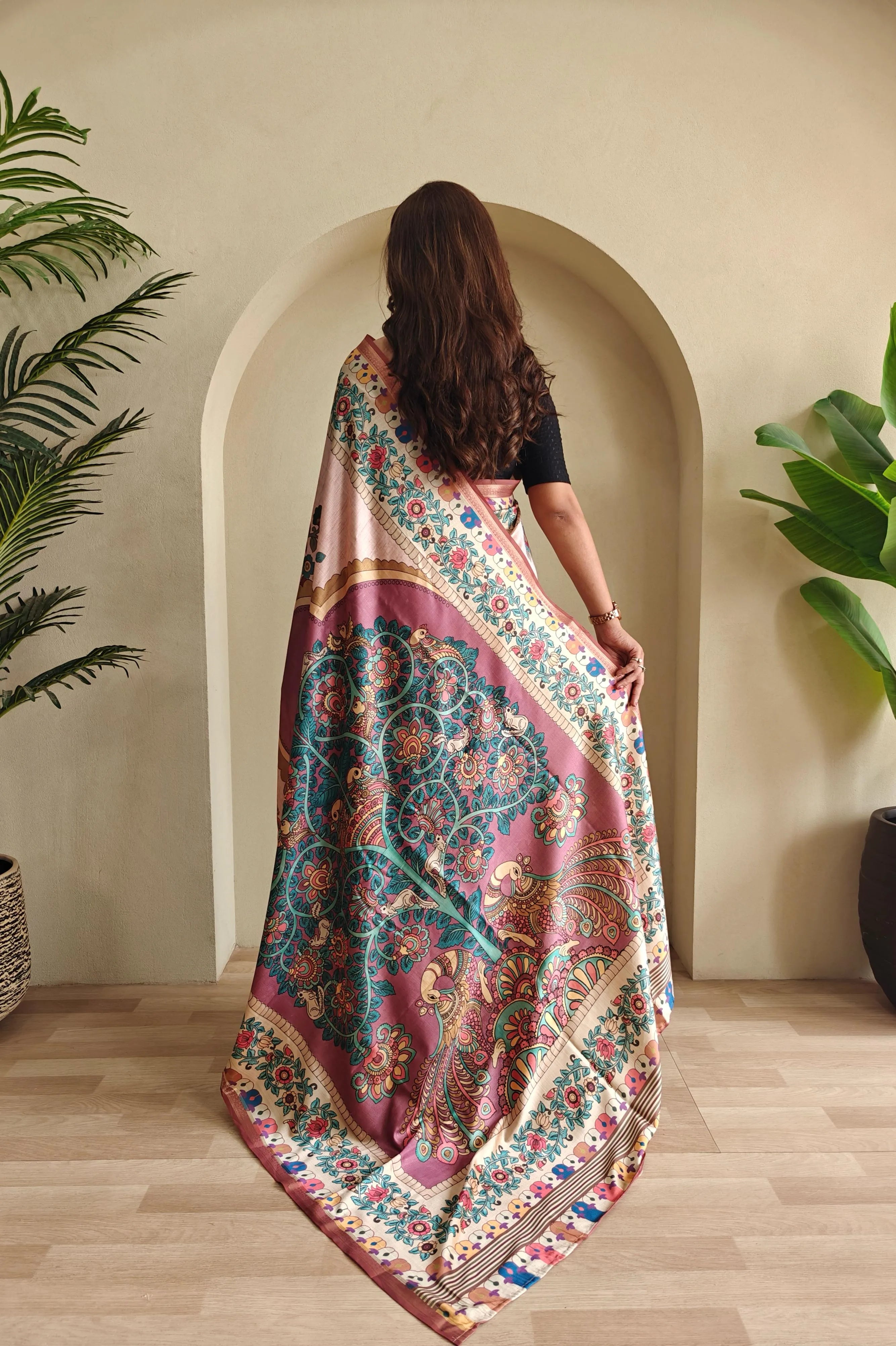 Soft Silk New Conceptual Design Kalamakari Fusion Printed Saree  (Product Code: AS-923)