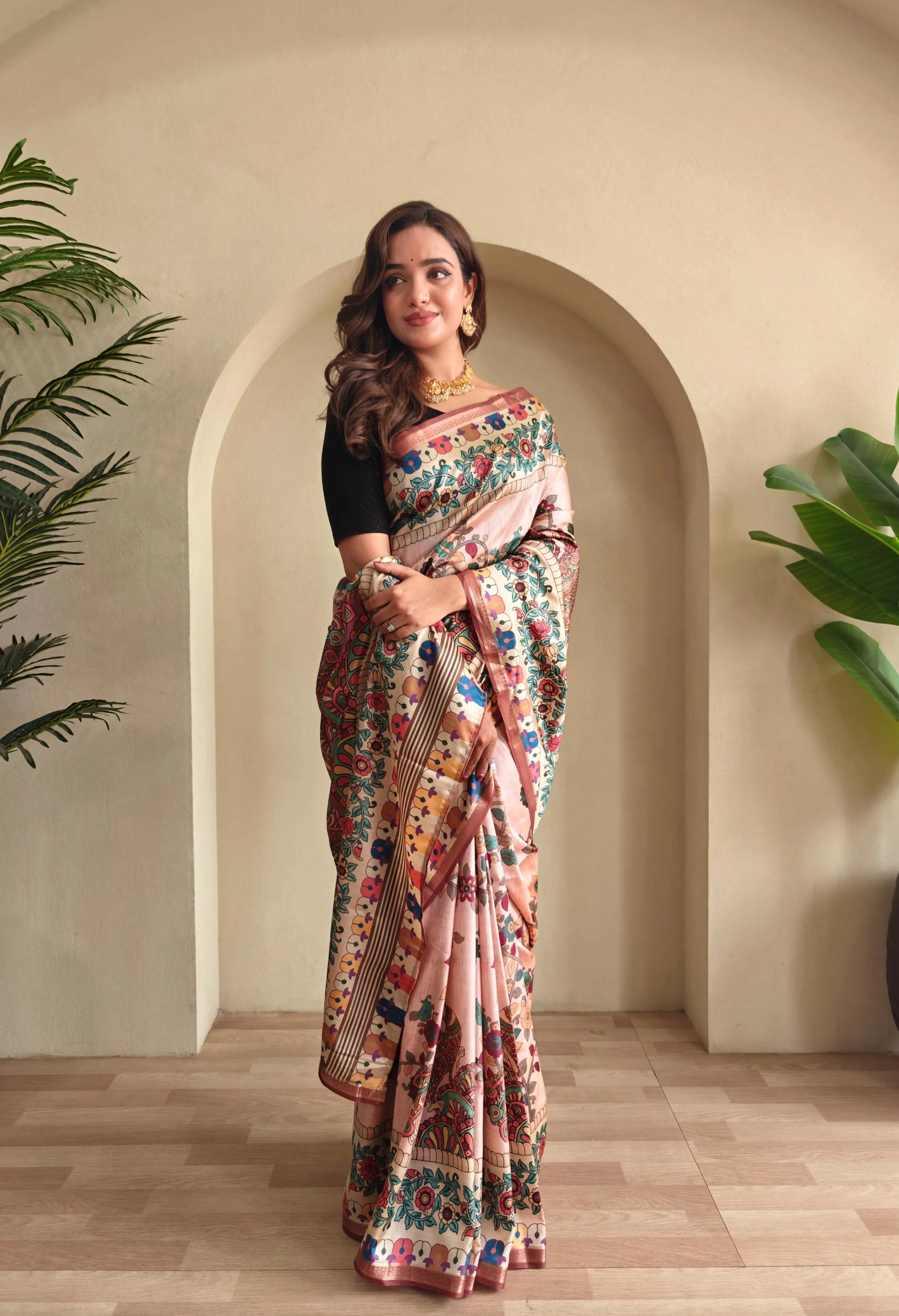 Soft Silk New Conceptual Design Kalamakari Fusion Printed Saree  (Product Code: AS-923)