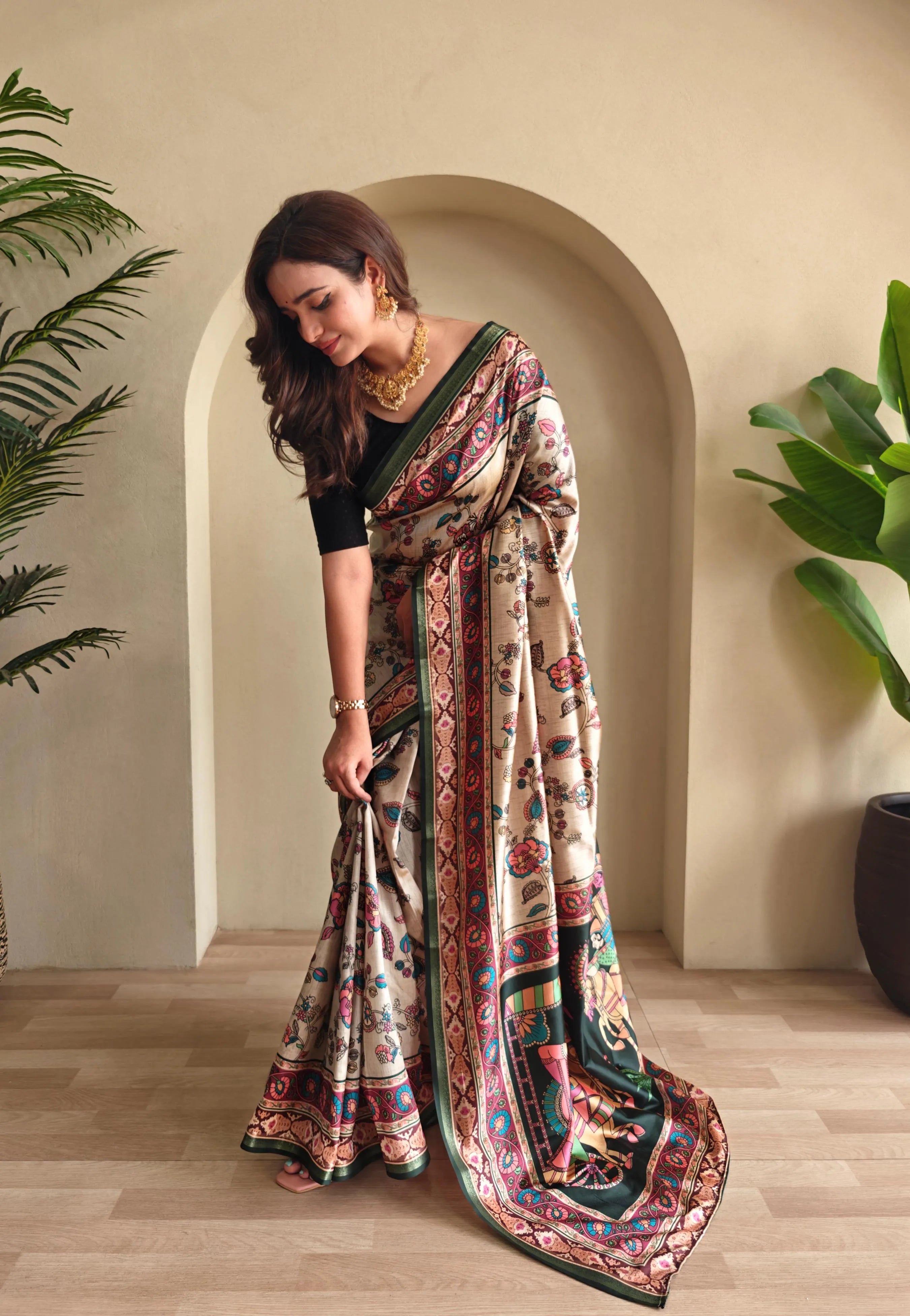 Soft Silk New Conceptual Design Kalamakari Fusion Printed Saree  (Product Code: AS-923)