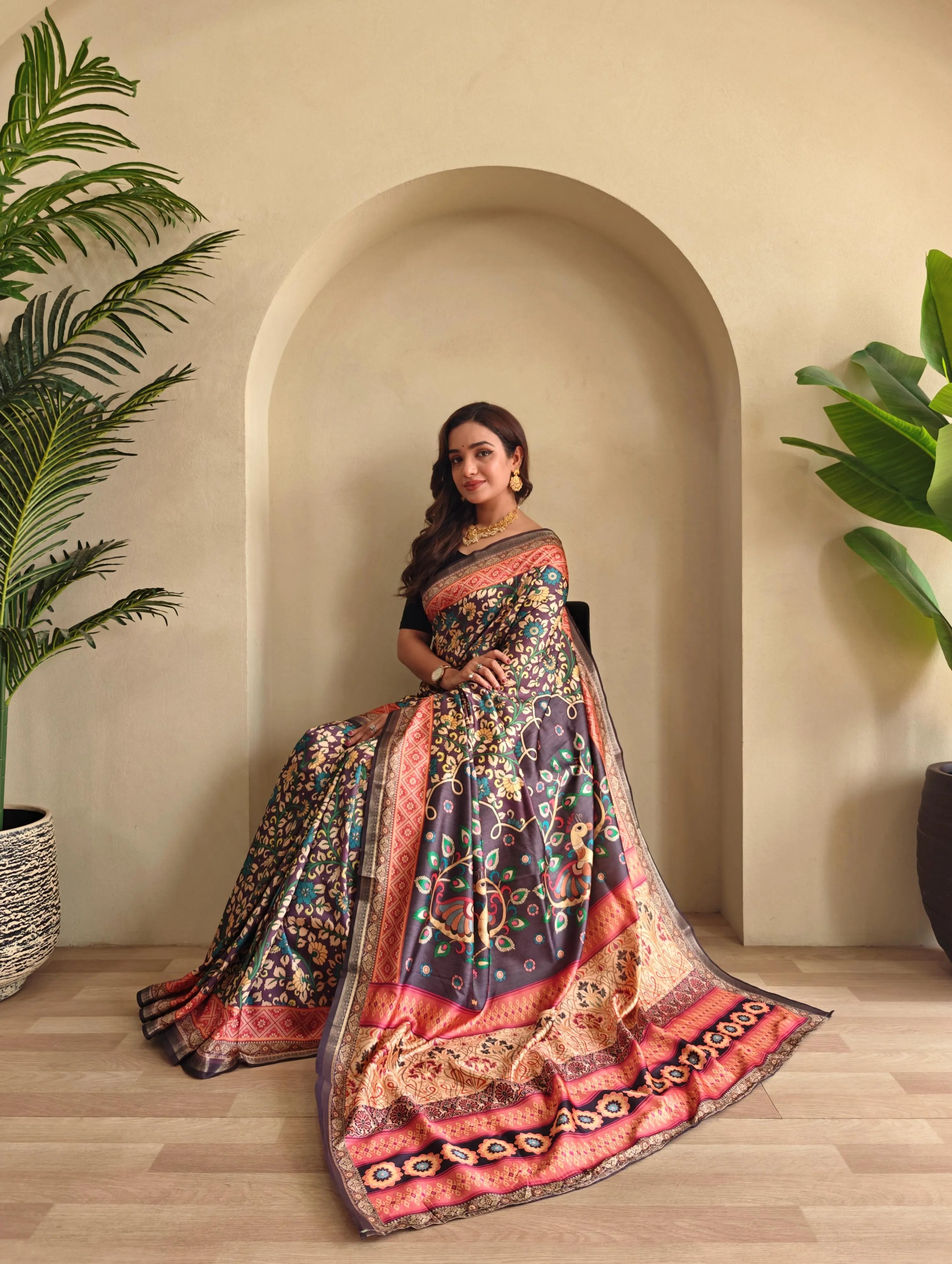 Soft Silk New Conceptual Design Kalamakari Fusion Printed Saree  (Product Code: AS-923)