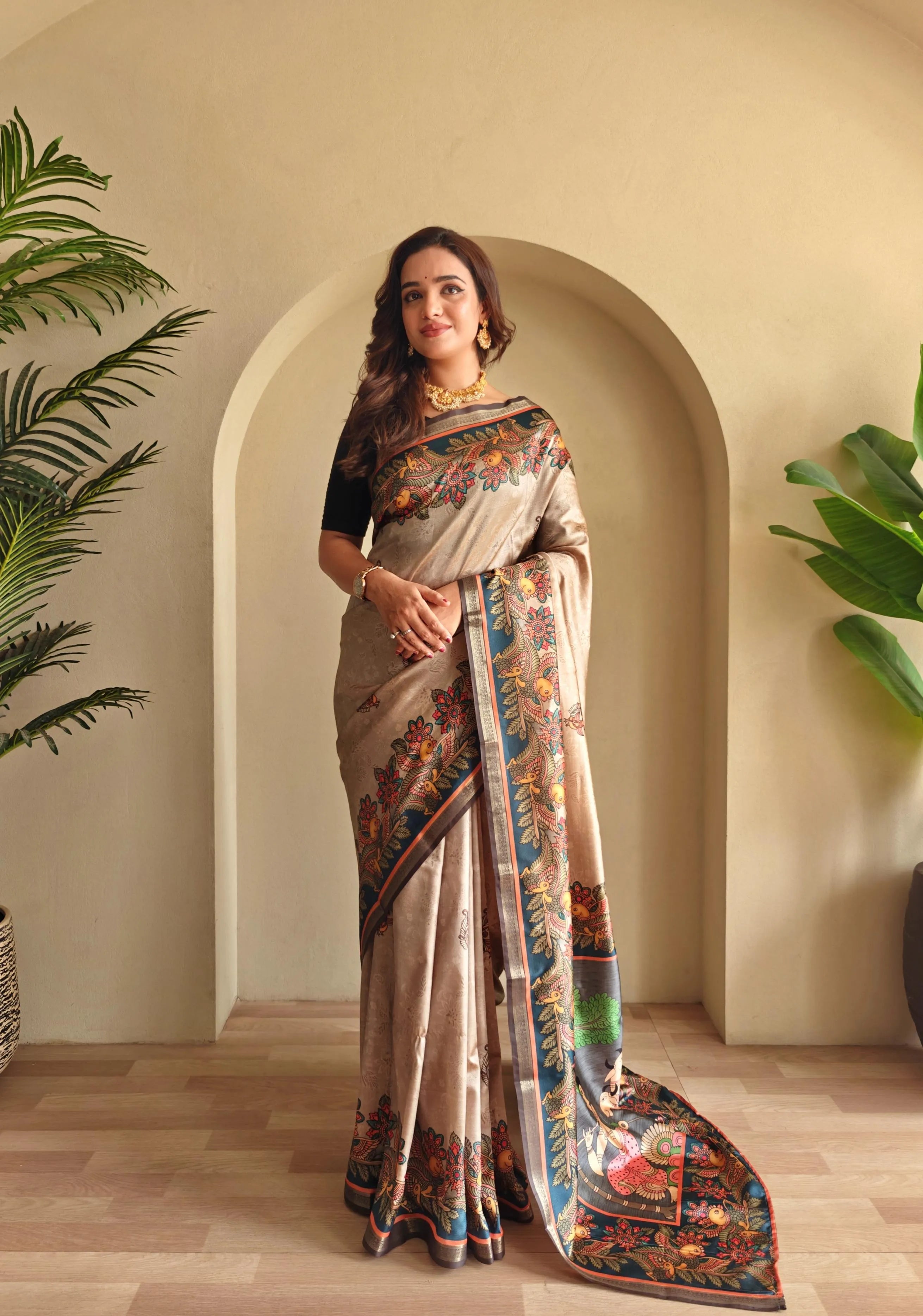 Soft Silk New Conceptual Design Kalamakari Fusion Printed Saree  (Product Code: AS-923)