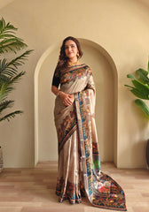 Soft Silk Kalamakari Fusion Printed Saree