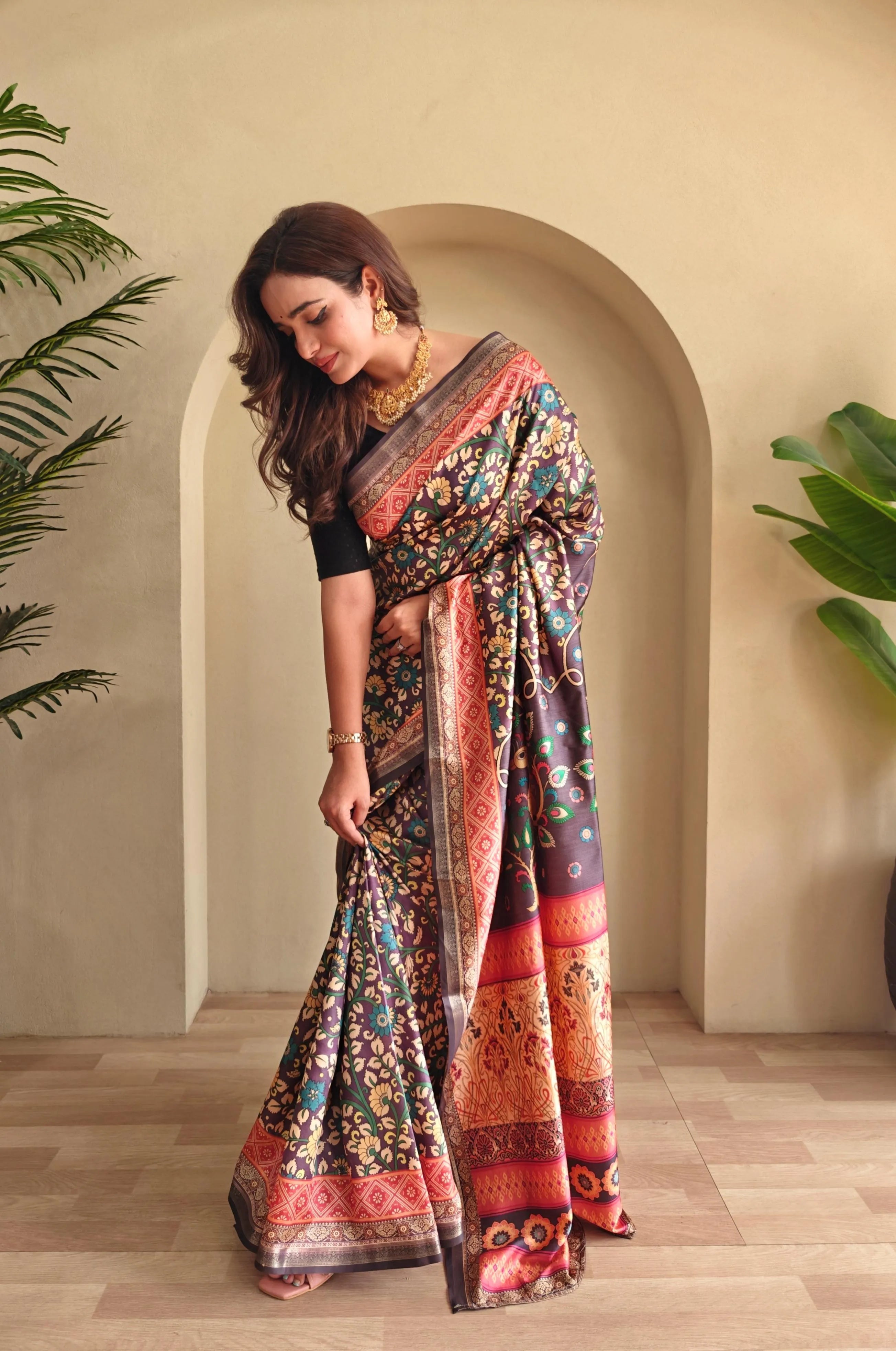 Soft Silk New Conceptual Design Kalamakari Fusion Printed Saree  (Product Code: AS-923)