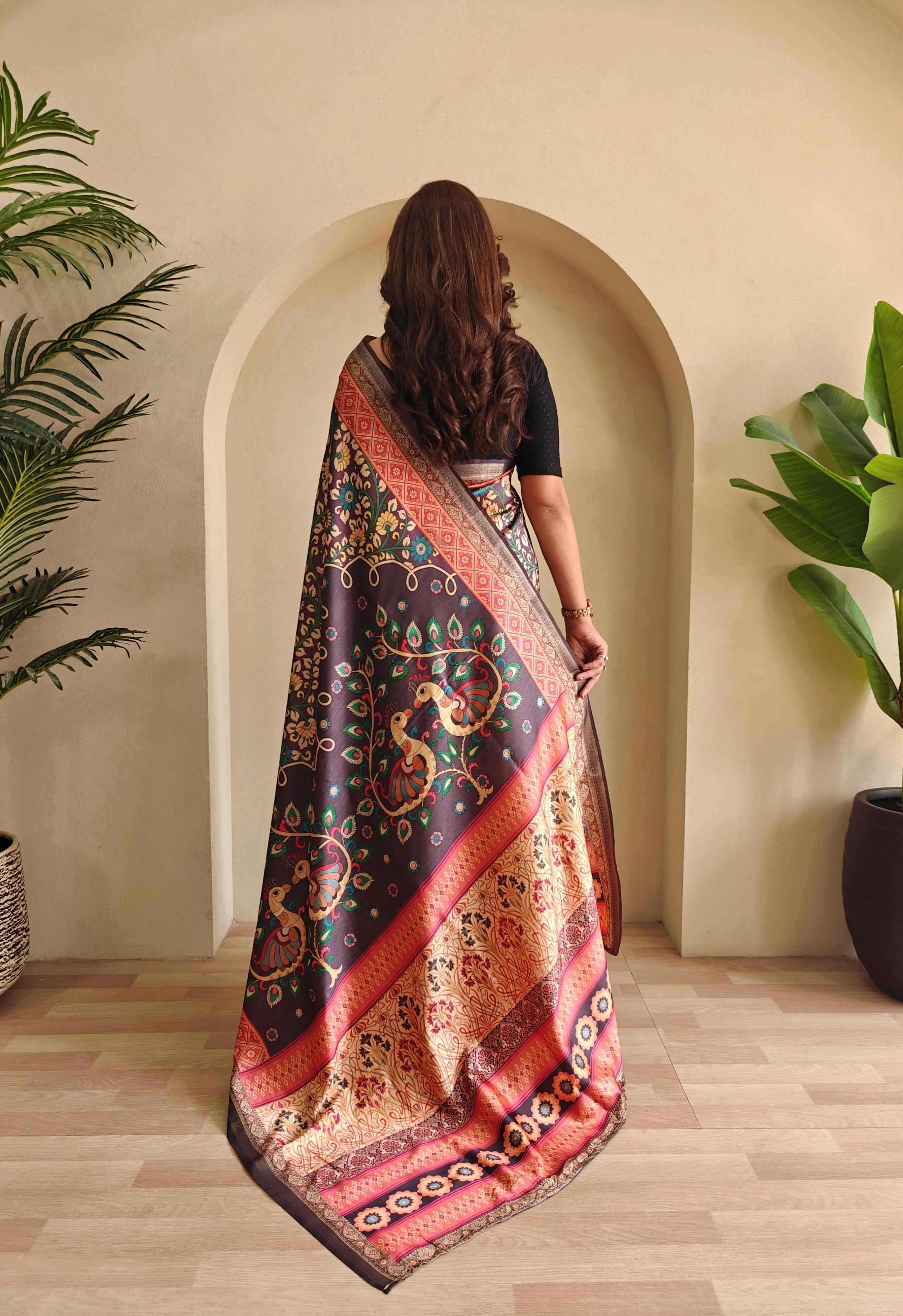 Soft Silk New Conceptual Design Kalamakari Fusion Printed Saree  (Product Code: AS-923)