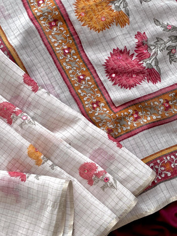 Linen Zari Chex Designer Foil Mirror Work Saree