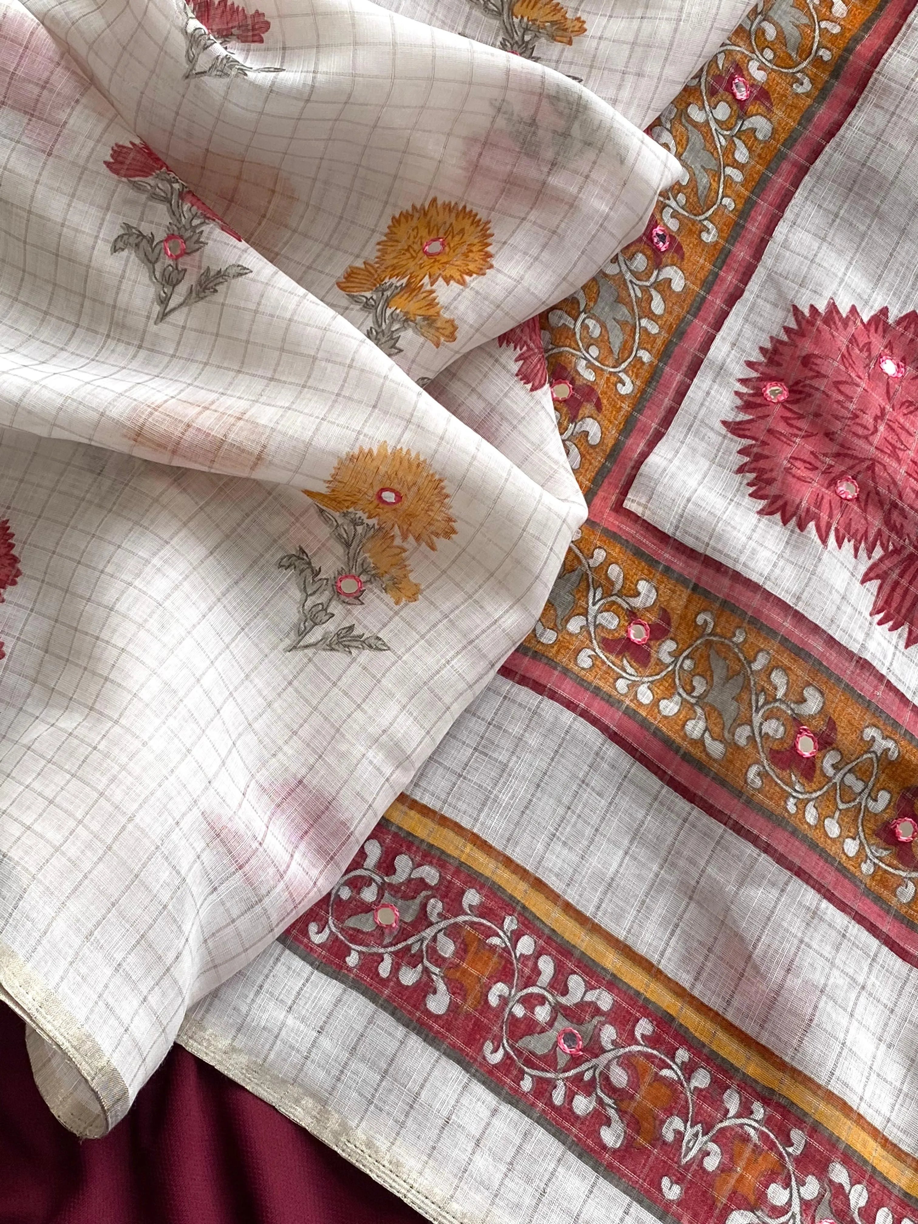 Linen Zari Chex Designer Foil Mirror Work Saree