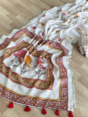 Linen Zari Chex Designer Foil Mirror Work Saree