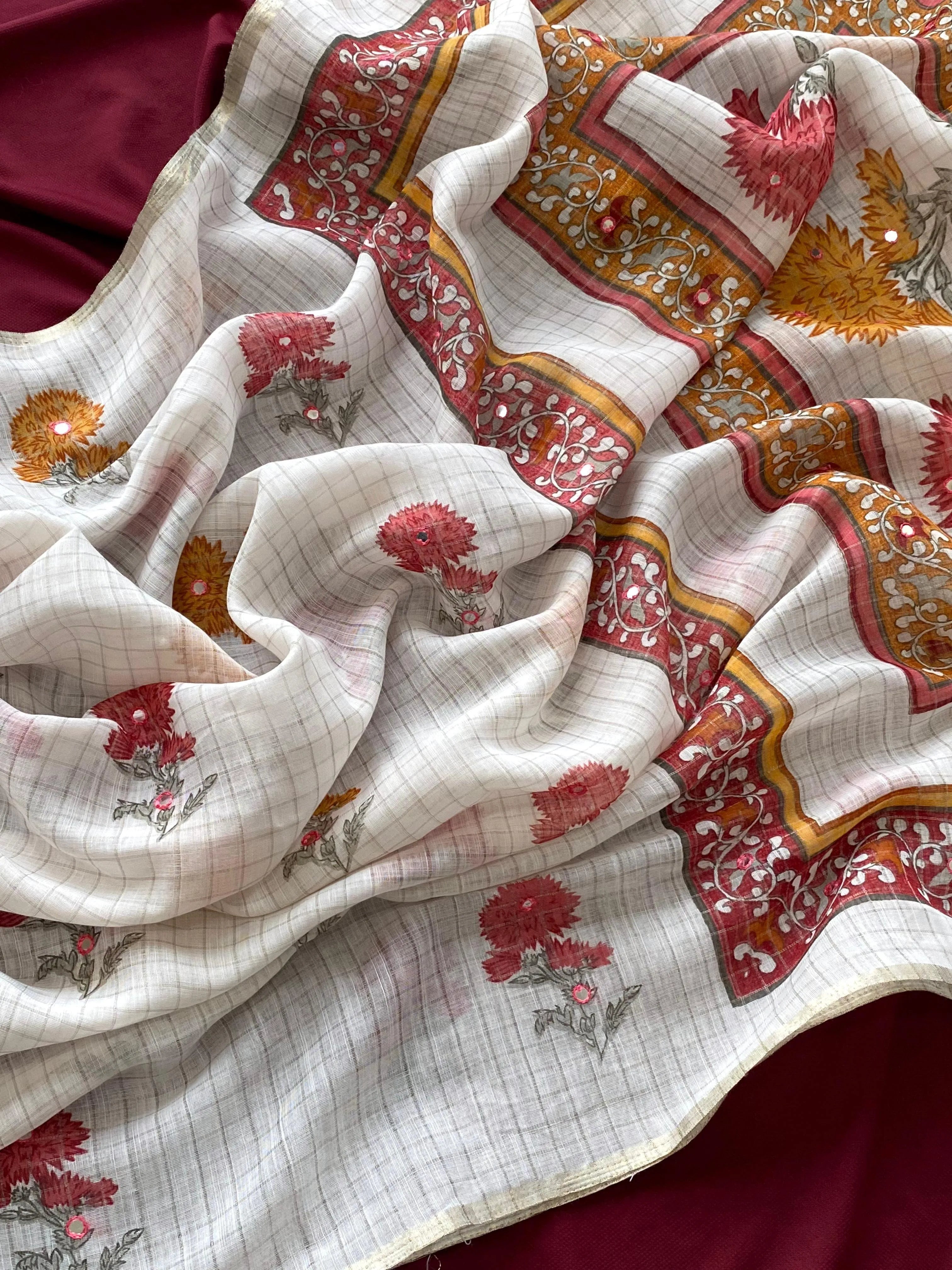Linen Zari Chex Designer Foil Mirror Work Saree