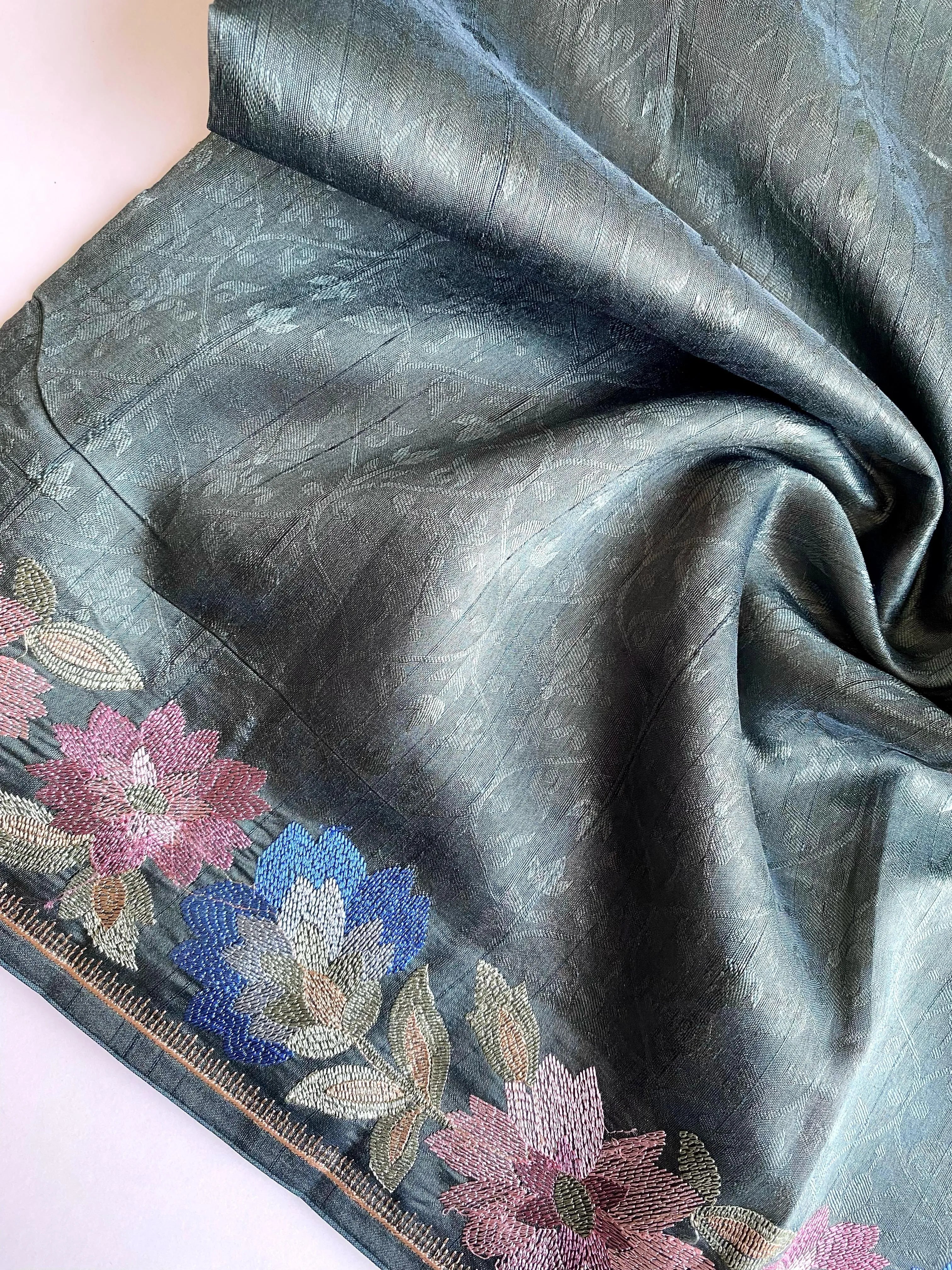 Tussar Silk Embroidery Floral Pattern Saree